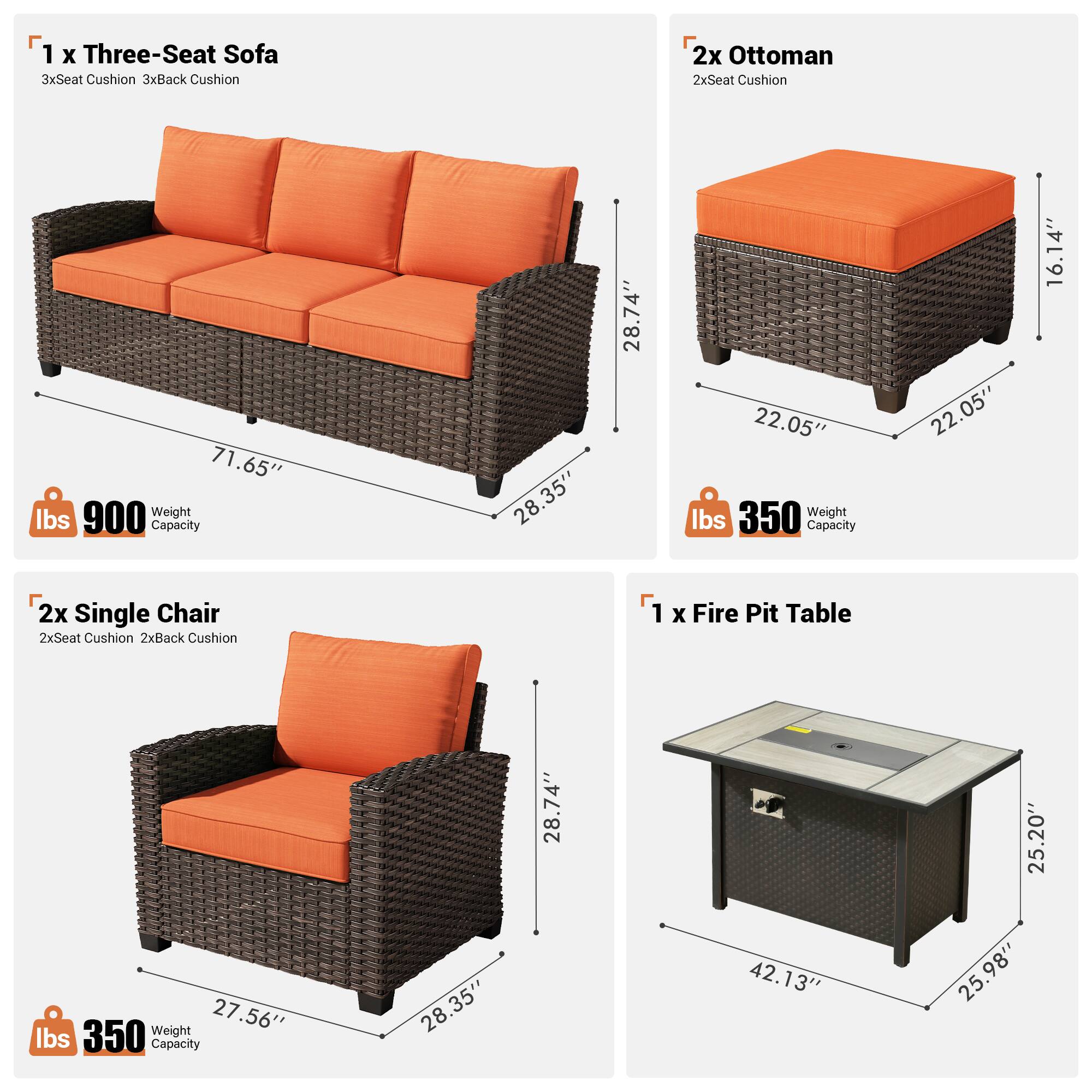 1 x Three-Seat Sofa  
3x Seat Cushion  
3x Back Cushion  
900 lbs Weight Capacity  
71.65" x 28.35" x 28.74"  

2x Ottoman  
2x Seat Cushion  
350 lbs Weight Capacity  
22.05" x 22.05" x 16.14"  

2x Single Chair  
2x Seat Cushion  
2x Back Cushion  
350 lbs Weight Capacity  
27.56" x 28.35" x 28.74"  

1 x Fire Pit Table  
350 lbs Weight Capacity  
42.13" x 25.20" x 25.98"