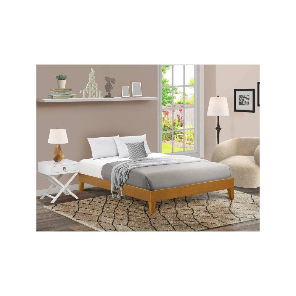 Angle. East West Furniture - NVP-23-Q Queen Size Platform Bed Frame with 4 Hardwood Legs and 2 Extra Center Legs - Oak Finish - Rustic Oak.