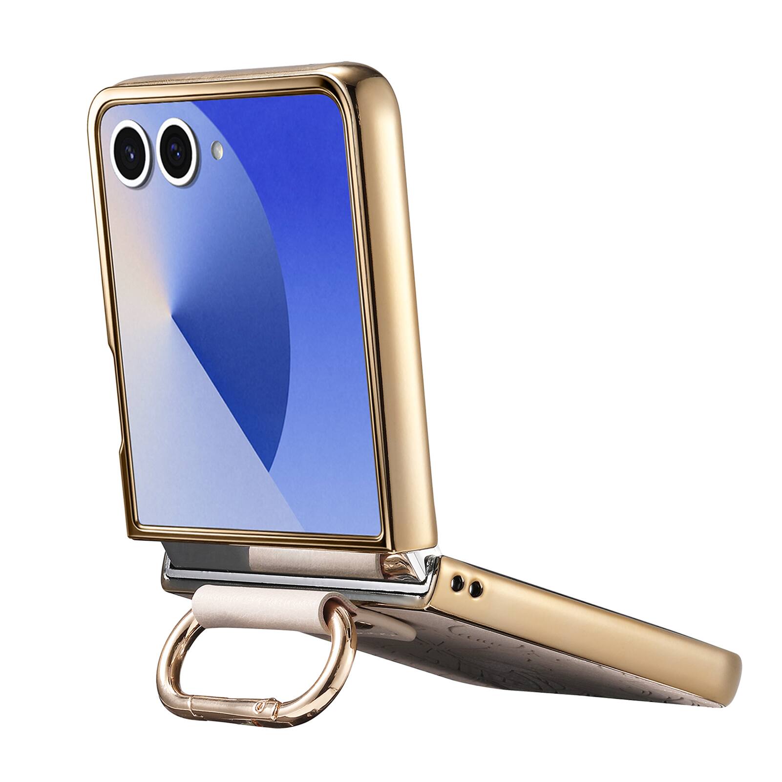 Alt View 2. Dteck - Shockproof Floral Leather Texture Case for Samsung Galaxy Z Flip8, Electroplated Rigid Plastic Cover with Ring Holder - Beige.