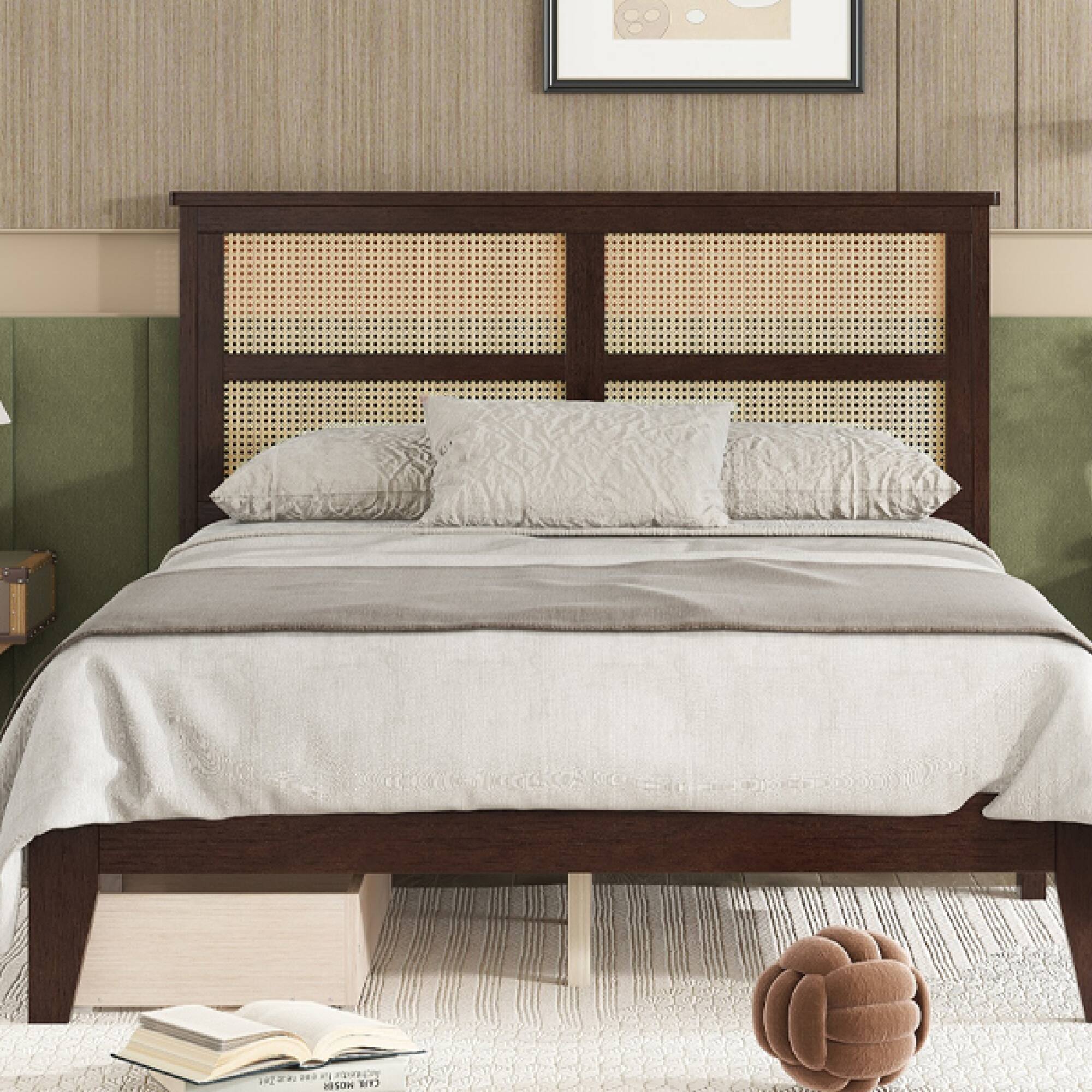 Alt View 8. GOODSILO - Full Size Bed with Rattan Headboard and Two Storage Drawers, Solid Wood Frame with Enhanced Support Slats - Espresso.