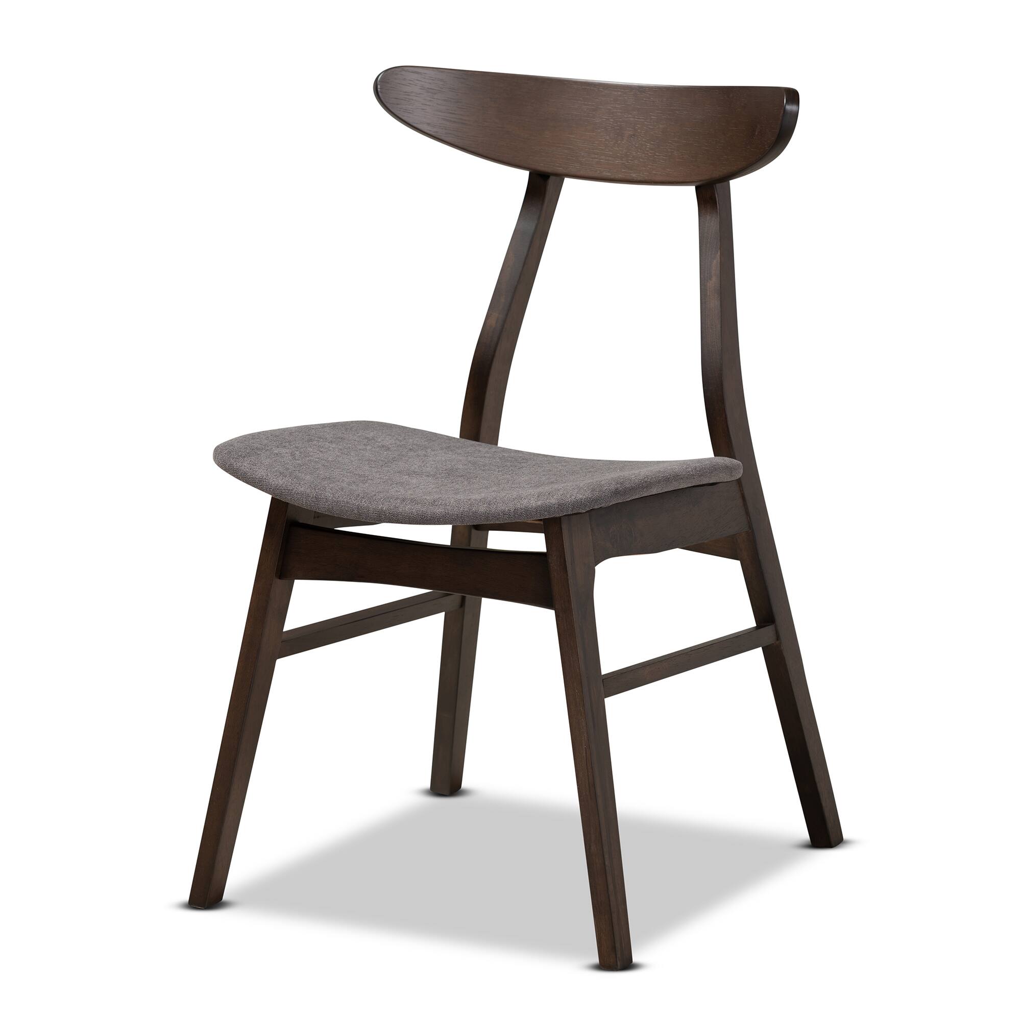 Angle. Baxton Studio - Britte Mid Century Dark Fabric Upholstered Dark Oak Finished 4-Piece Wood Dining Chair Set Set - Dark Grey/Dark Brown.