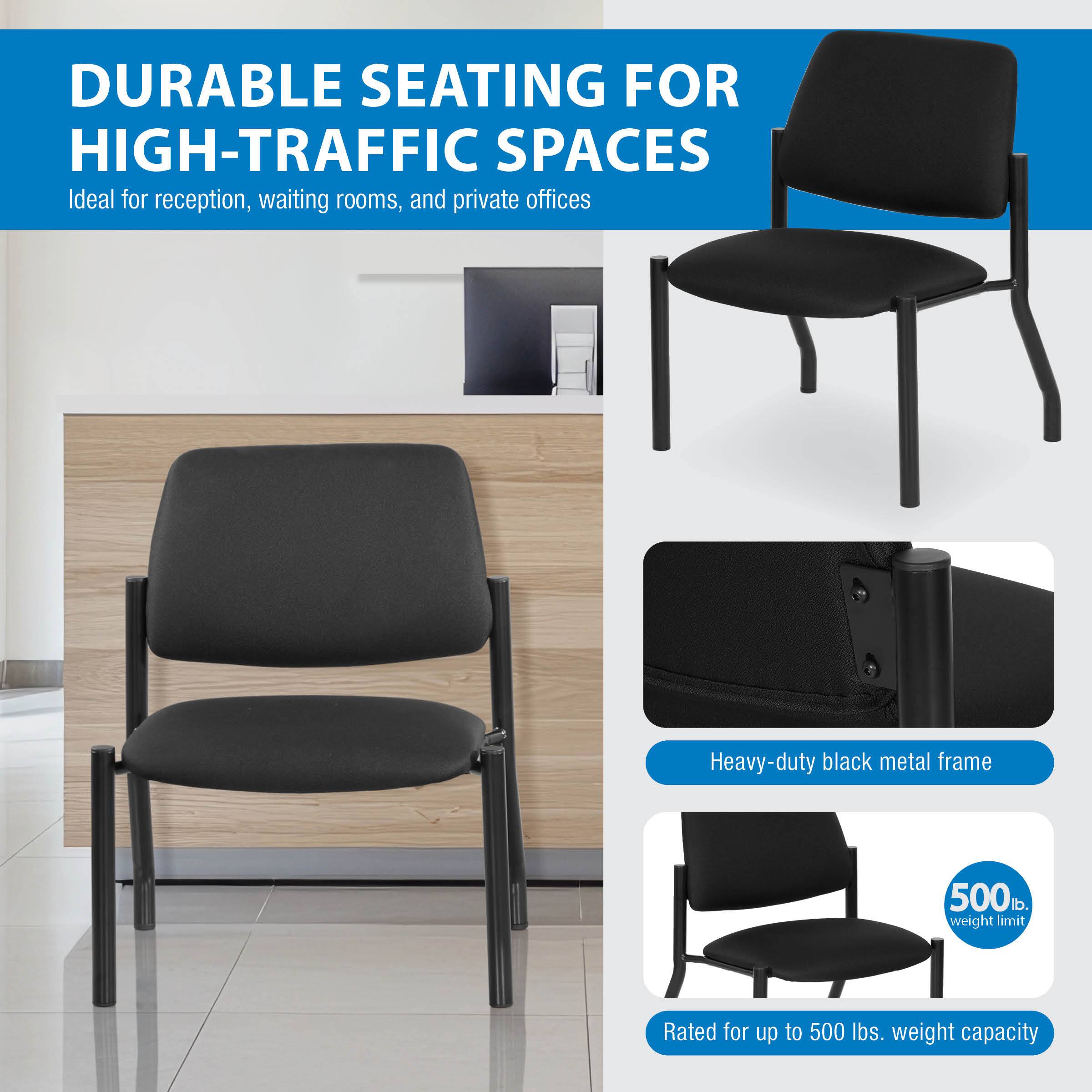 DURABLE SEATING FOR HIGH-TRAFFIC SPACES  
Ideal for reception, waiting rooms, and private offices  

Heavy-duty black metal frame  
500 lb. weight limit  
Rated for up to 500 lbs. weight capacity
