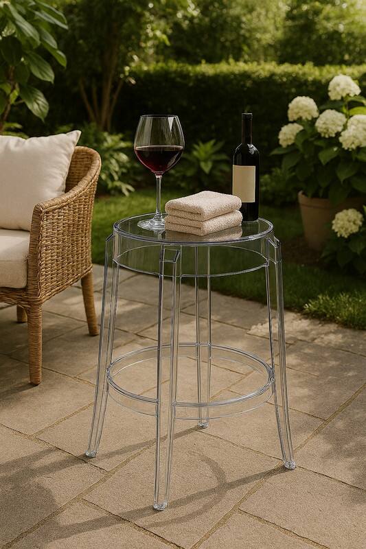Angle. LeisureMod - Averill Modern Plastic Clear Dining Stool, Durable Counter Height Stool for Kitchen and Dining Room Set of 2 - Clear.