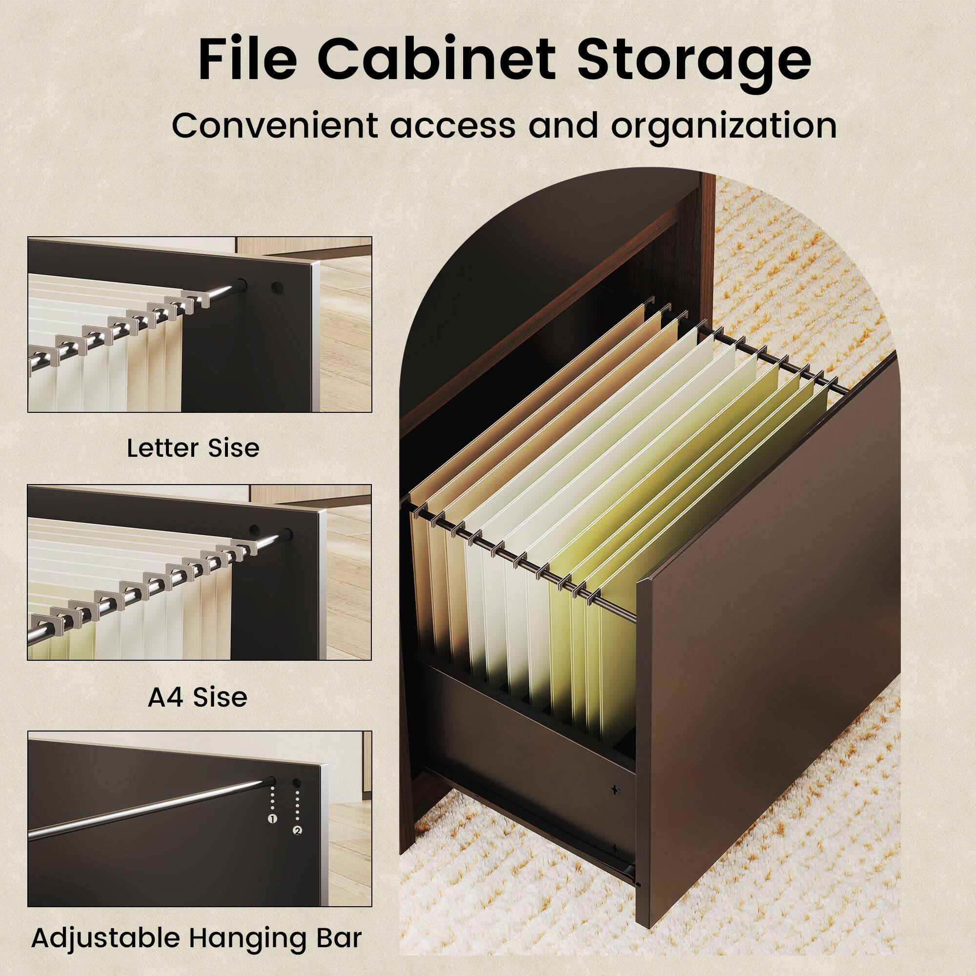 File Cabinet Storage  
Convenient access and organization  

Letter Size  
A4 Size  
Adjustable Hanging Bar