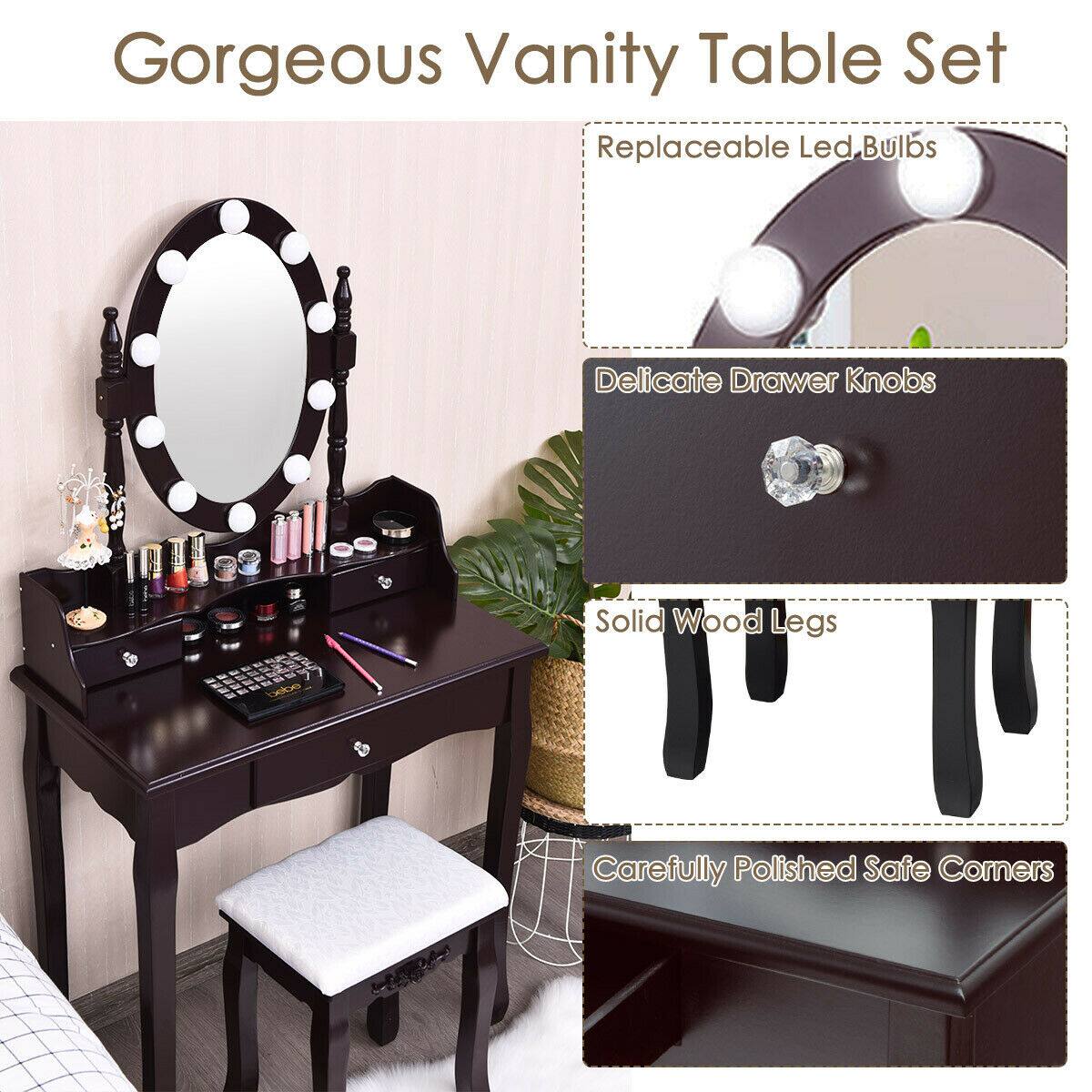 Gorgeous Vanity Table Set
Replaceable Led Bulbs
Delicate Drawer Knobs
Solid Wood Legs
Carefully Polished Safe Corners