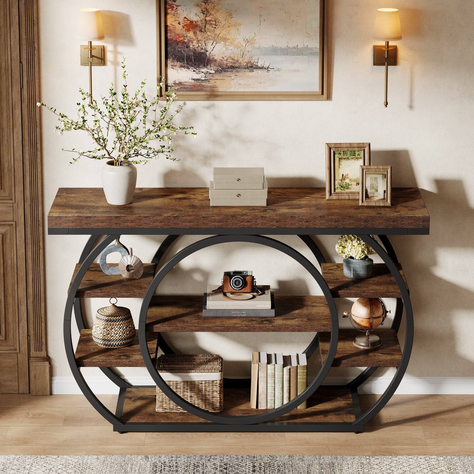 Angle. Tribesigns - Industrial Console Table with Wood Construction, Metal Frame and Storage Shelves for Entryway and Hallway - Brown.