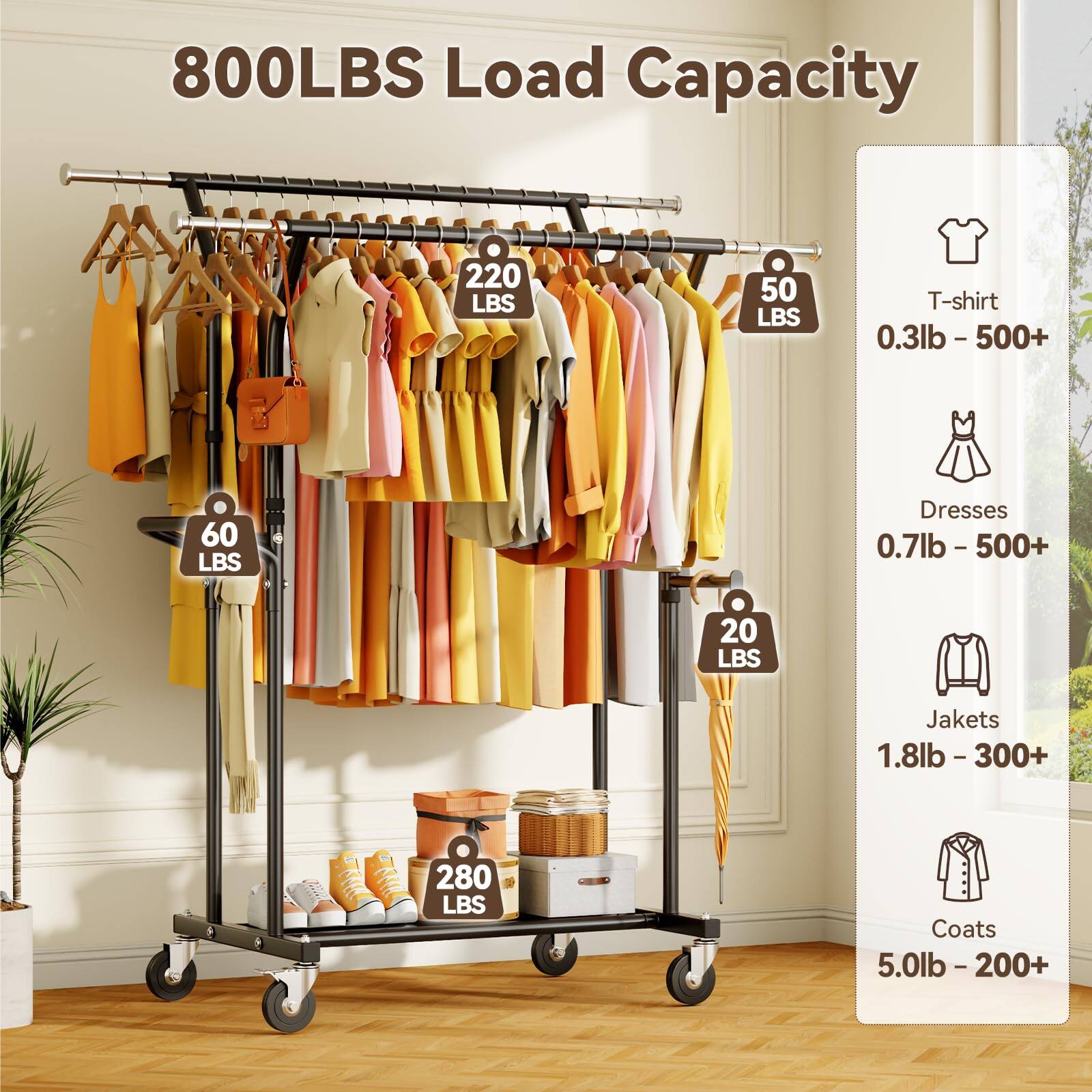 800LBS Load Capacity

- 220 LBS
- 50 LBS
- 60 LBS
- 20 LBS
- 280 LBS

T-shirt: 0.3lb - 500+
Dresses: 0.7lb - 500+
Jackets: 1.8lb - 300+
Coats: 5.0lb - 200+