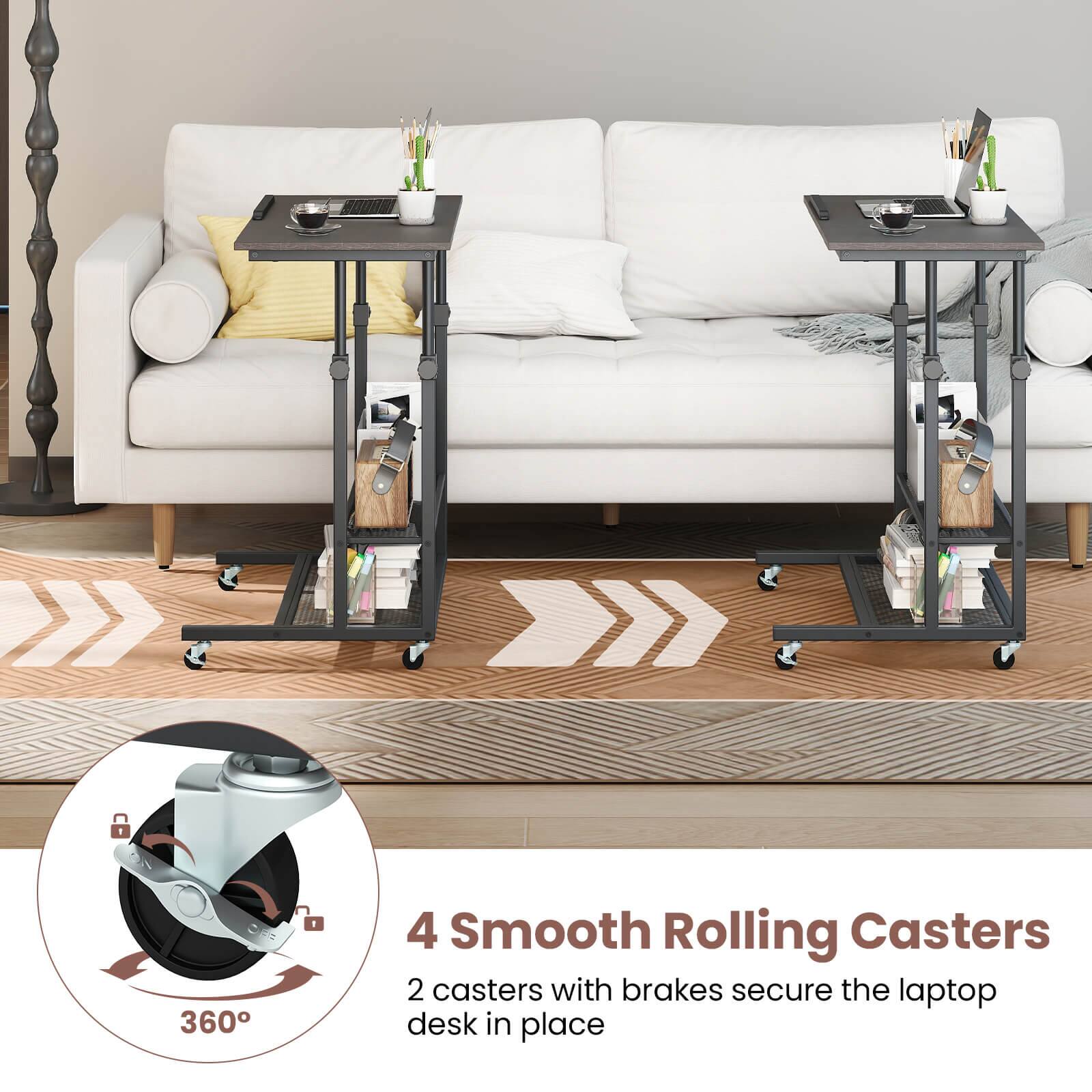The text on the image reads: "4 Smooth Rolling Casters 2 casters with brakes secure the laptop desk in place."