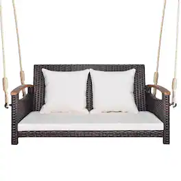 Pefilos - 2-Person Patio Rattan Porch Swing, 2-Seater Hanging Bench, Pillow for Backyar Garen Poolsid - White