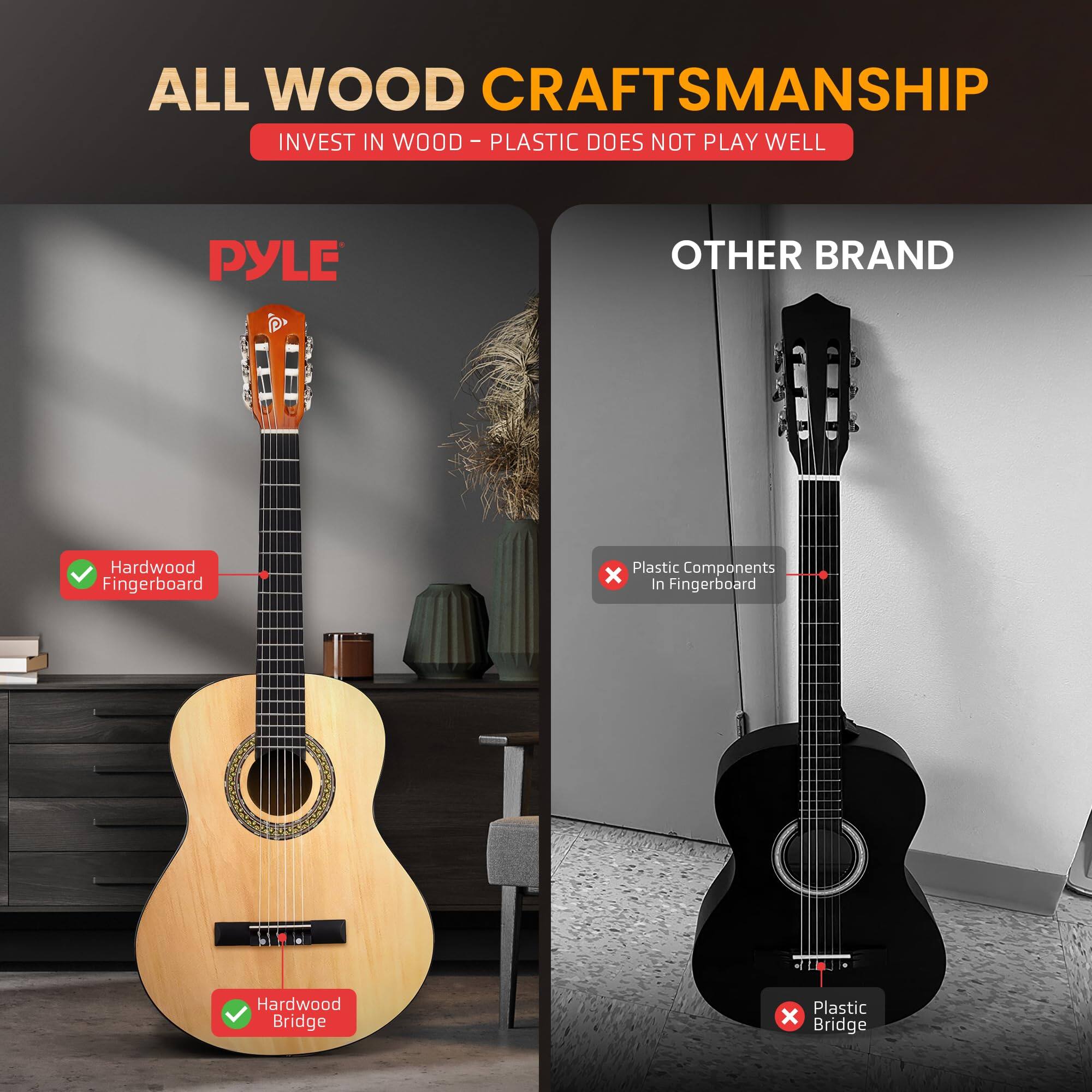 ALL WOOD CRAFTSMANSHIP  
INVEST IN WOOD - PLASTIC DOES NOT PLAY WELL  

PYLE  
Hardwood Fingerboard  
Hardwood Bridge  

OTHER BRAND  
Plastic Components in Fingerboard  
Plastic Bridge