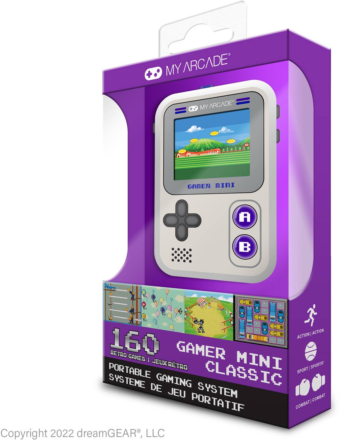 MY ARCADE GAMER MINI  
160 RETRO GAMES  
PORTABLE GAMING SYSTEM  
ACTION | SPORT | COMBAT  

MY ARCADE GAMER MINI  
160 RETRO GAMES | JEUX RETRO  
PORTABLE GAMING SYSTEME DE JEU  
ACTION | SPORTIF | COMBAT  

Copyright 2022 dreamGEAR, LLC
