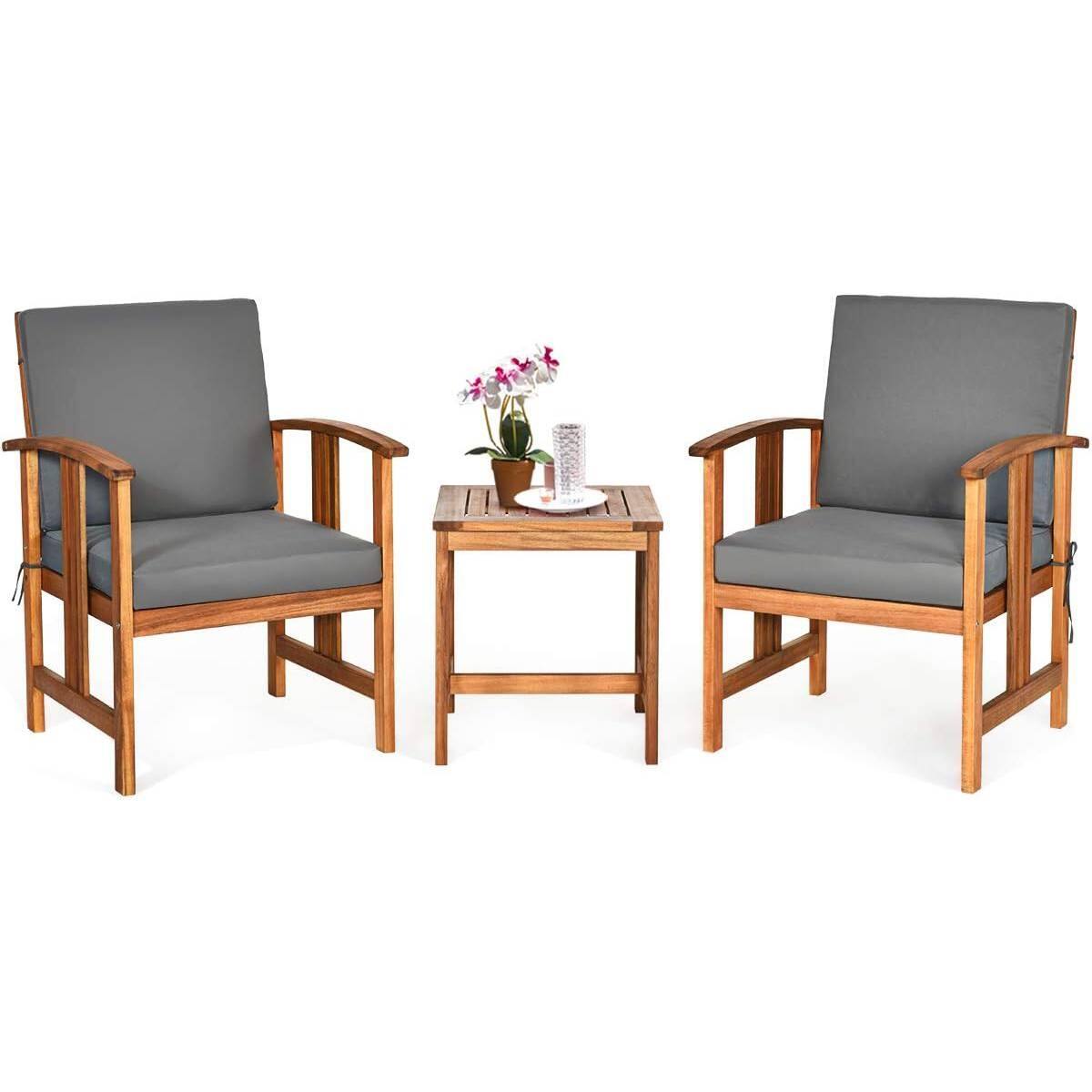 Front. Hivvago - 3-Piece Solid Wood Outdoor Patio Furniture Chairs Table Set with Grey Cushions - Brown.
