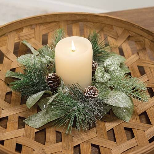 Angle. BreeBe - *Newport Snowy Mixed Greens & Cone Candle Ring 3.5" - Green.