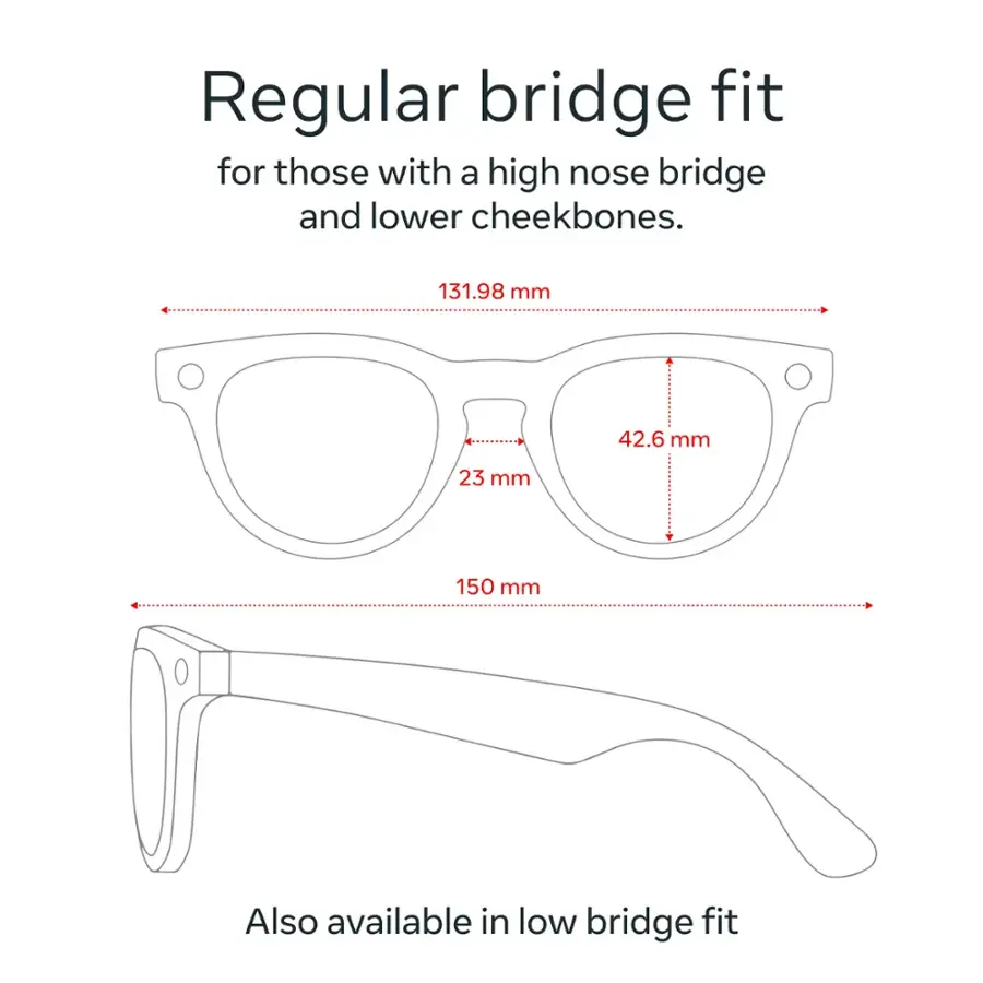 Regular bridge fit is designed for those with a high nose bridge and lower cheekbones. The dimensions of the regular bridge fit are 131.98 mm, 42.6 mm, 23 mm, and 150 mm. Additionally, this frame is also available in a low bridge fit.