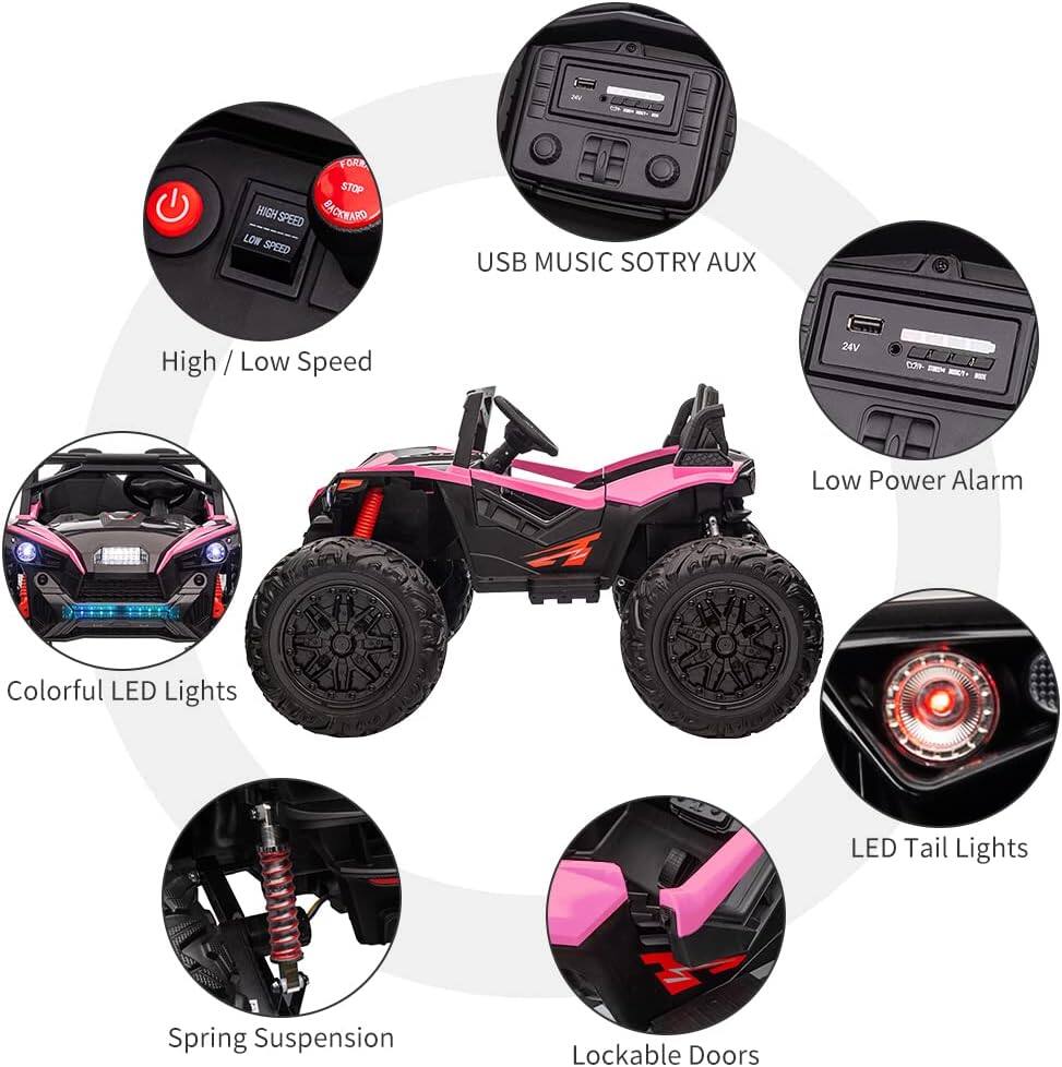 - High / Low Speed
- Colorful LED Lights
- Spring Suspension
- Lockable Doors
- USB MUSIC STORY AUX
- Low Power Alarm
- LED Tail Lights