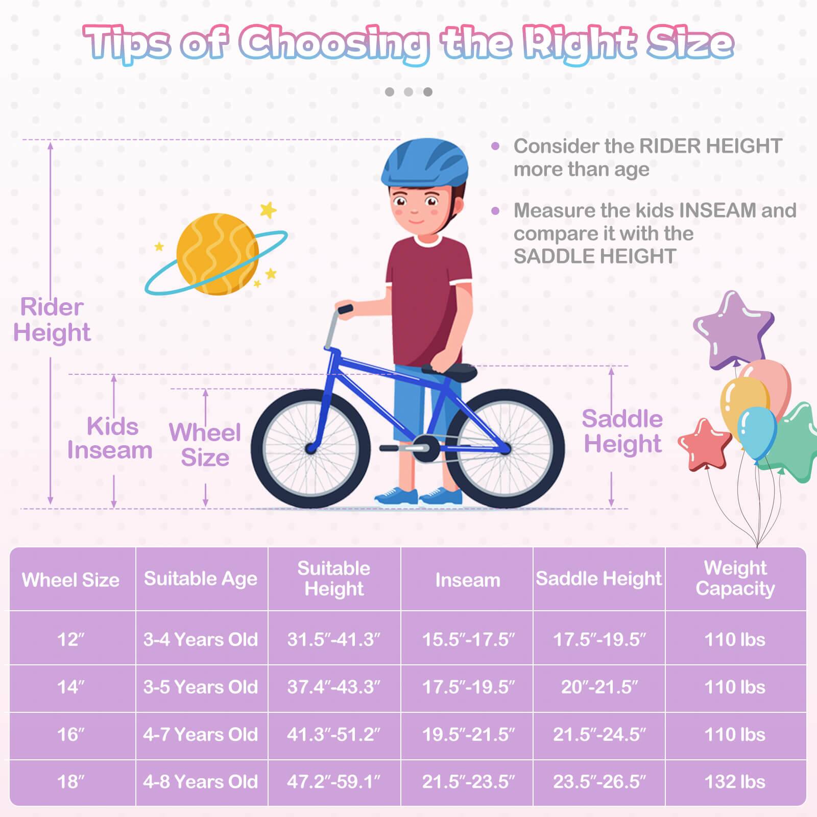 Tips of Choosing the Right Size

- Consider the RIDER HEIGHT more than age
- Measure the kids INSEAM and compare it with the SADDLE HEIGHT

| Wheel Size | Suitable Age | Suitable Height | Inseam | Saddle Height | Weight Capacity |
|------------|--------------|----------------|--------|---------------|----------------|
| 12"        | 3-4 Years Old | 31.5"-41.3"     | 15.5"-17.5" | 17.5"-19.5"    | 110 lbs        |
| 14"        | 3-5 Years Old | 37.4"-43.3"     | 17.5"-19.5" | 20"-21.5"      | 110 lbs        |
| 16"        | 4-7 Years Old | 41.3"-51.2"     | 19.5"-21.5" | 21.5"-24.5"    | 110 lbs        |
| 18"        | 4-8 Years Old