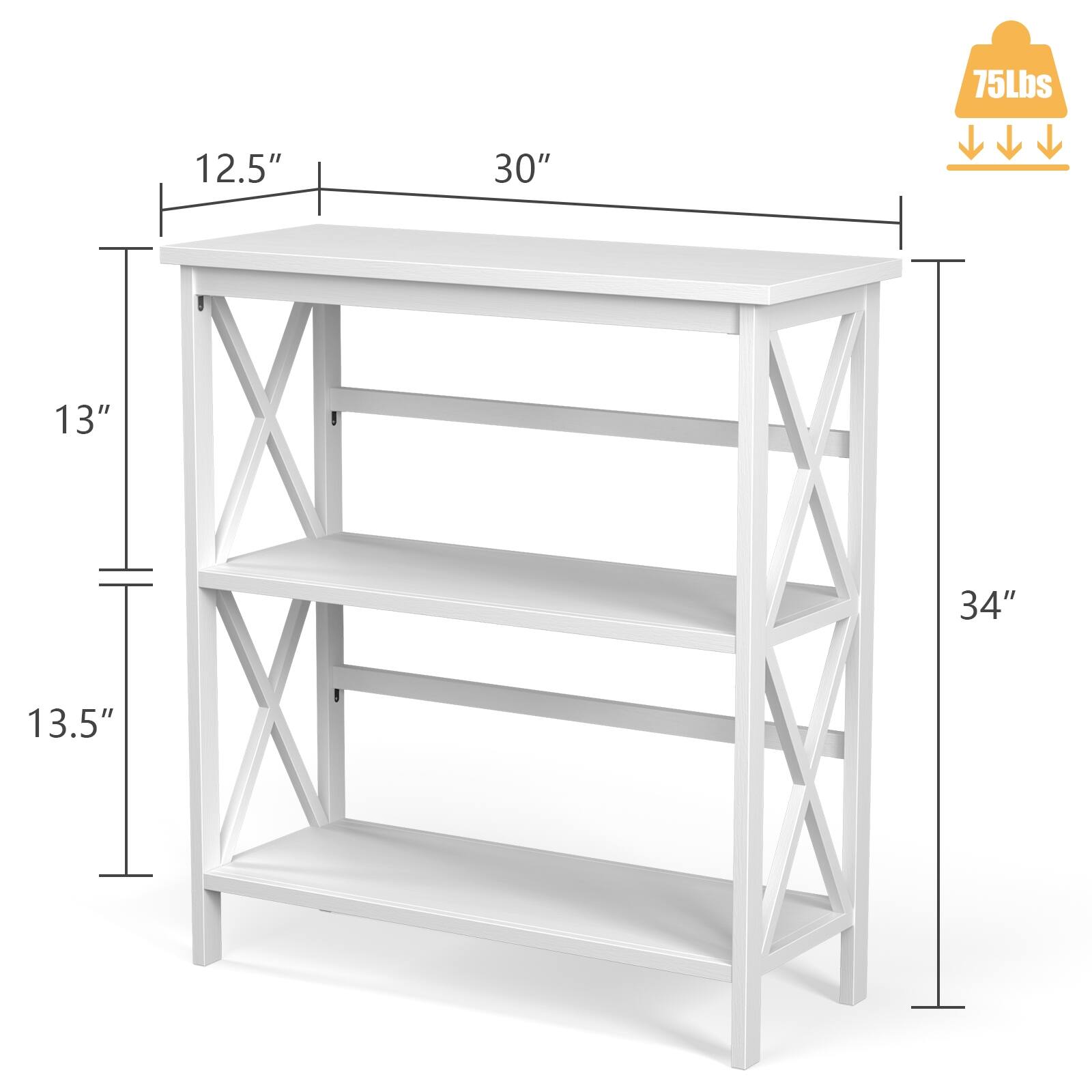 The text on the image reads: "75Lbs 12.5" 30" 13" 34" 13.5". This information is likely related to the dimensions and weight of the white shelf. The shelf is 12.5 inches high, 30 inches wide, and 13 inches deep. It weighs 75 pounds.