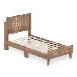 Costway - Twin Size Bed Frame with Woven Accent Headboard & Footboard, Wooden Slat Support - Walnut