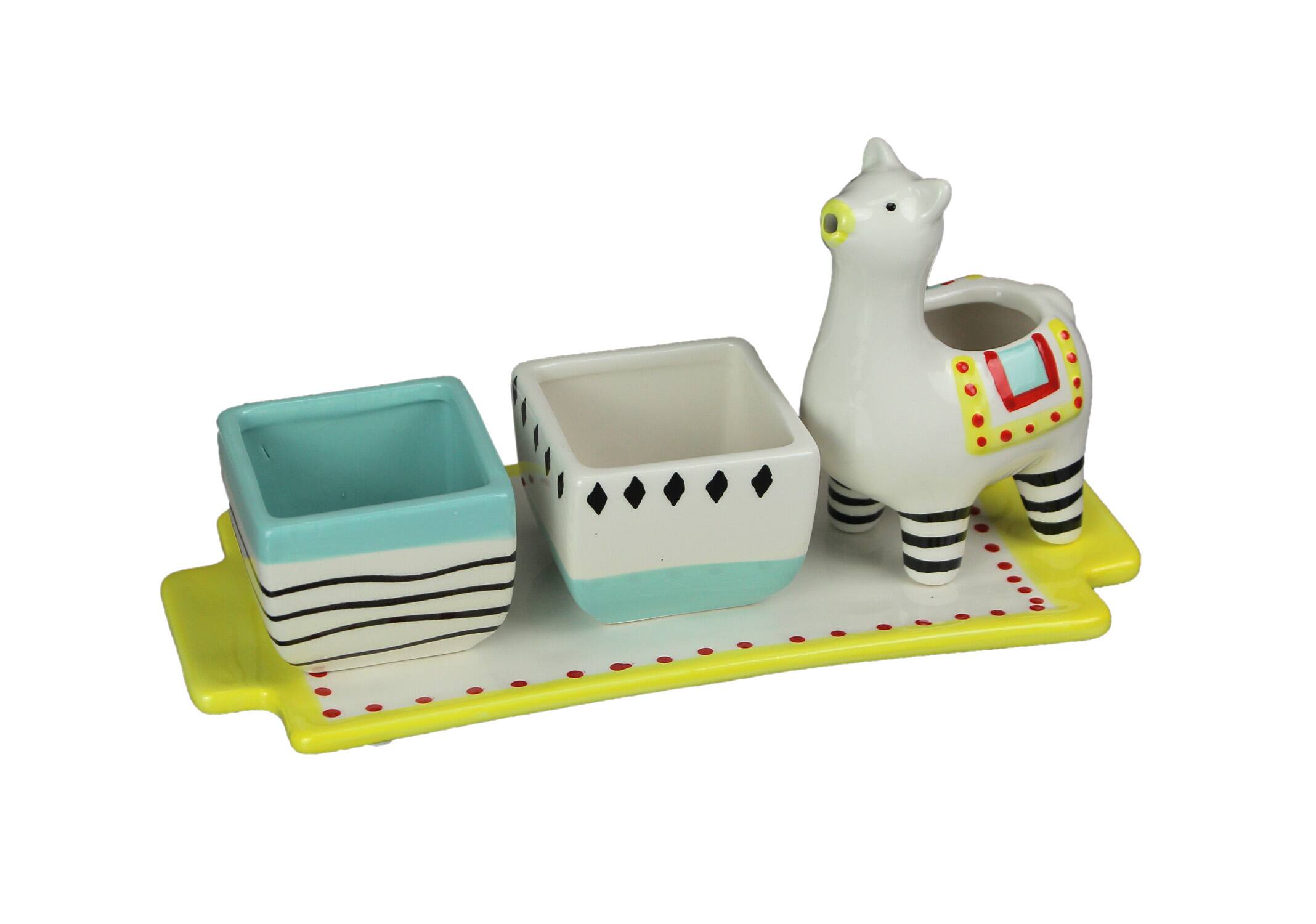Front. Transpac - Ceramic Succulent Pots Display Tray & Llama Water Holder Indoor Mini Planter Set - Multicolored.