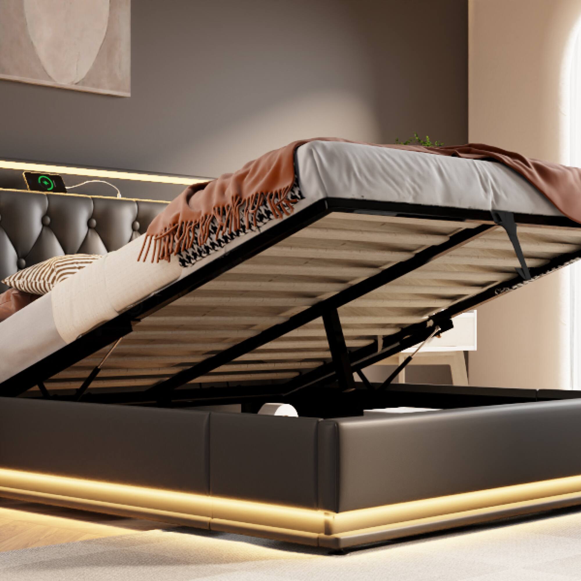 Alt View 1. GOODSILO - Queen Size Upholstered LED Bed with Hydraulic Storage and USB Charging - Black.