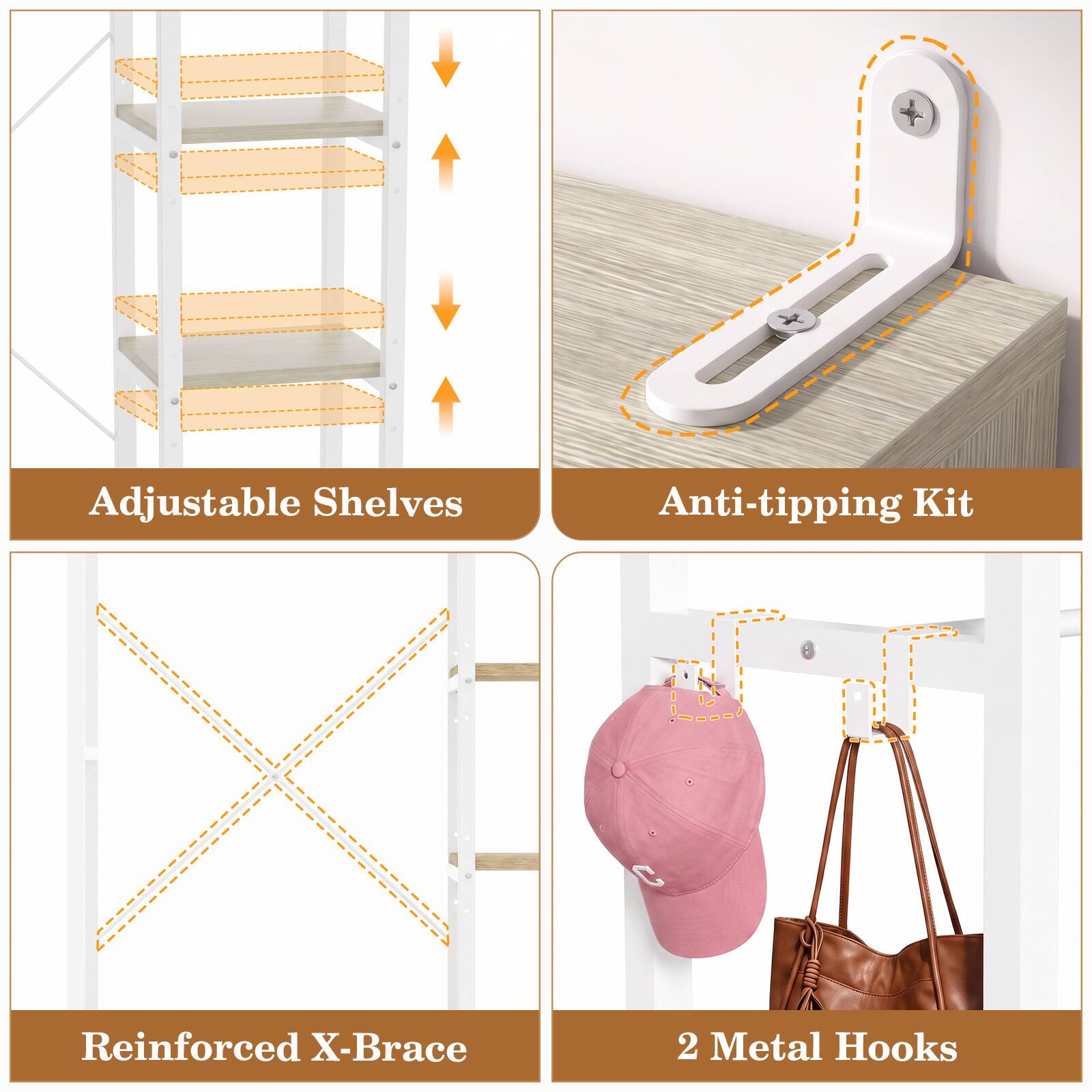 Adjustable Shelves  
Anti-tipping Kit  
Reinforced X-Brace  
2 Metal Hooks