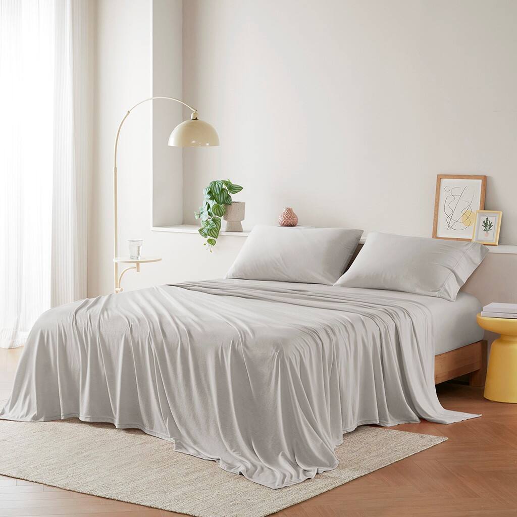 Alt View 1. Gracie Mills - Gracie Mills Atlas All-Season Cotton Blend Jersey Knit Sheet Set - Grey.