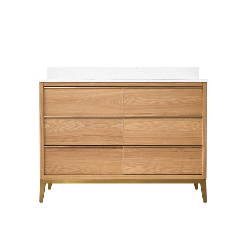 Left. WELLFOR - 48 in Freestanding Solid Wood Bathroom Vanity with Carrara White Quartz Vanity Top & 6 Soft-Close Drawers and Backsplash - Oak.