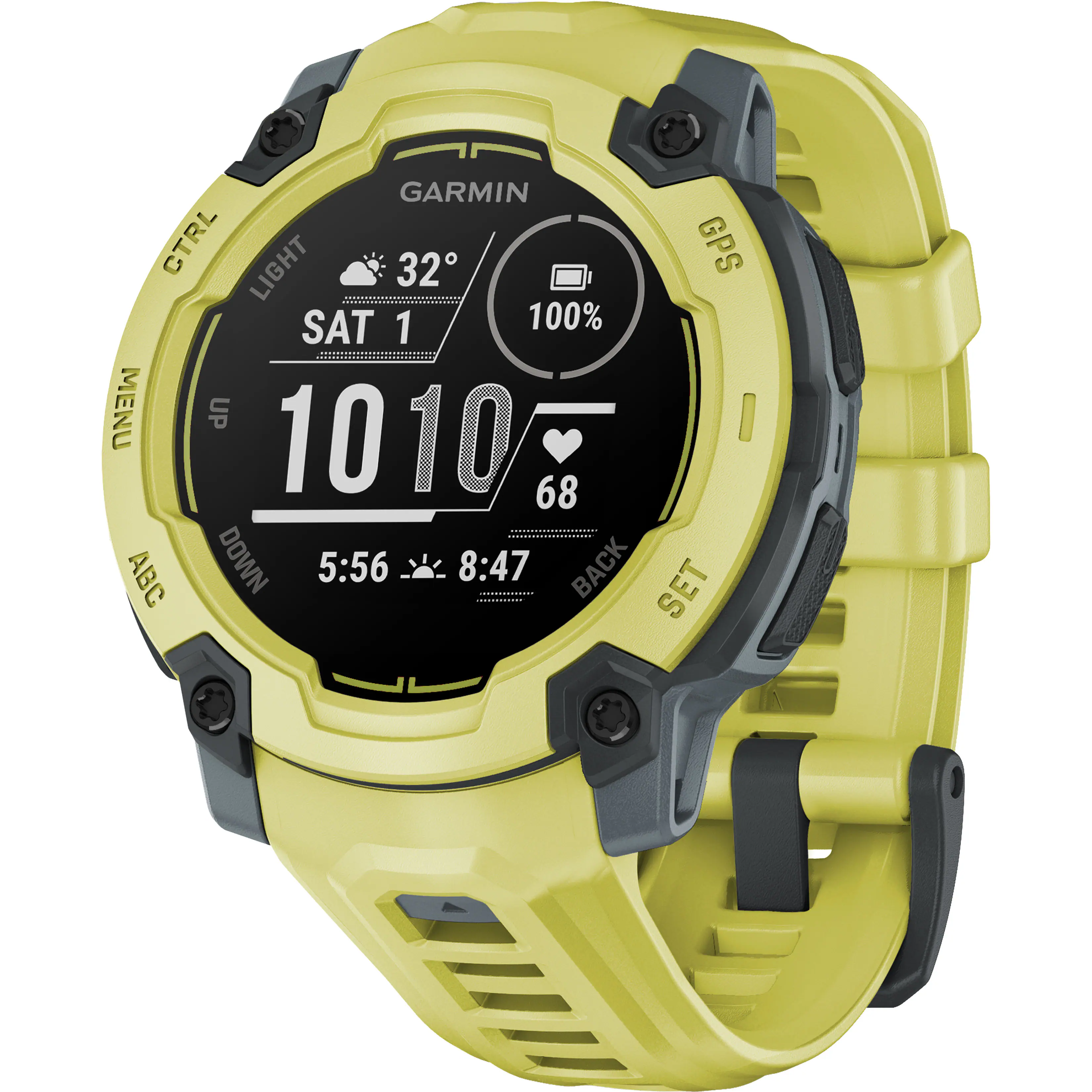 The image shows a Garmin watch with a yellow band and a black face. The watch displays the time as 5:56 and the date as 8:47. The watch also has a GPS feature, which is currently showing a 100% signal. The watch face also shows the battery life as 1010, and the heart rate monitor is set to "ABC." The watch is currently in the "light" mode, and the GPS is set to "sat 1." The watch also has a "menu" button, which can be used to access additional features and settings.