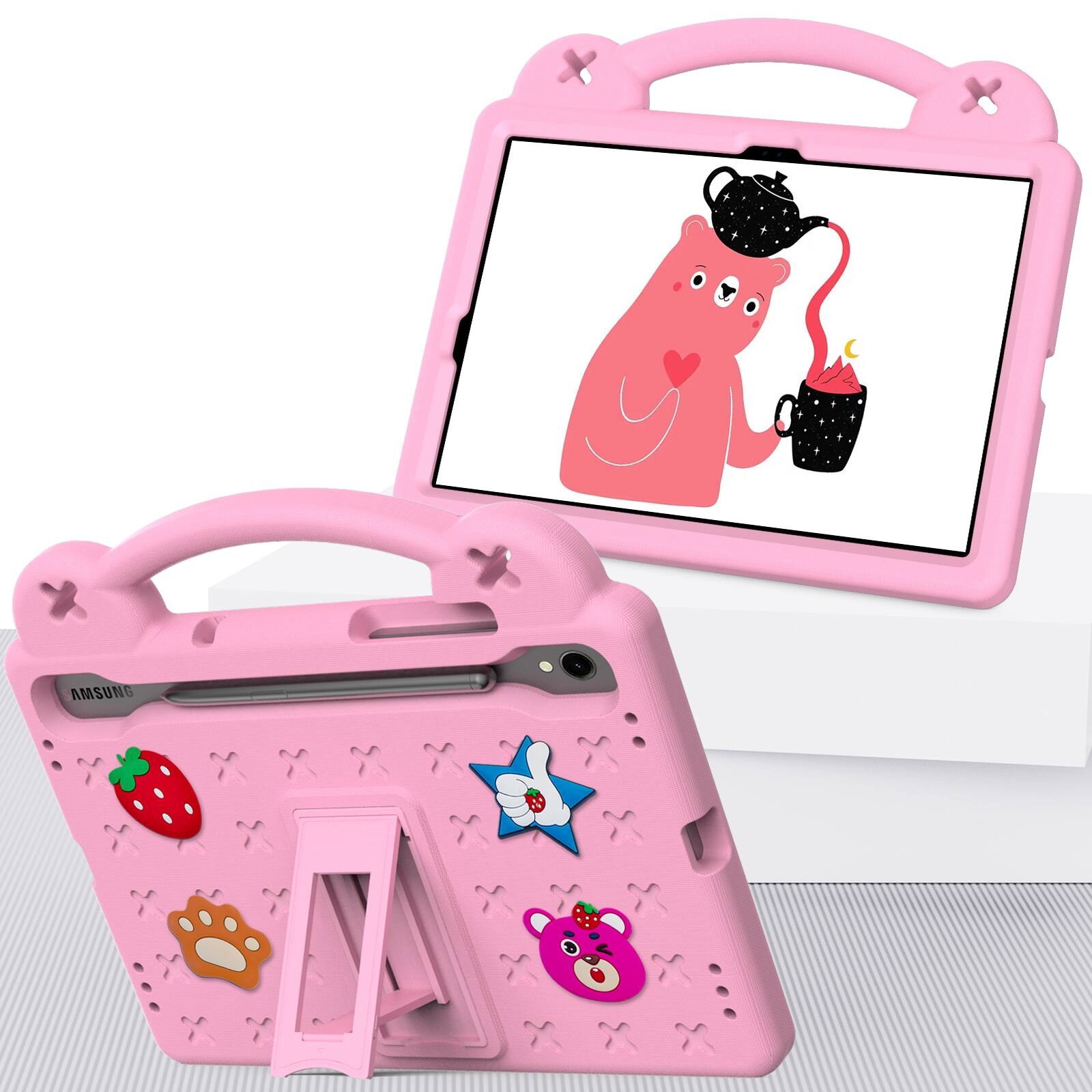 Angle. Dteck - For Samsung Galaxy Tab S9 FE/S9/S8/S7 Cute Cartoon Kid Case Built-in Kickstand Handle Grip Shockproof Cover - Pink.