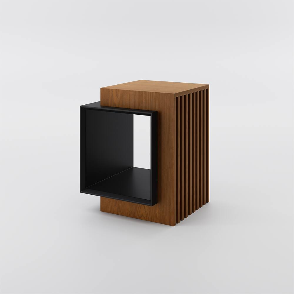 Alt View 5. POVISON - 18" Modern Wood Side Table with Storage, Minimalist Square Fluted End Table, Walnut & Black - Walnut & Black.