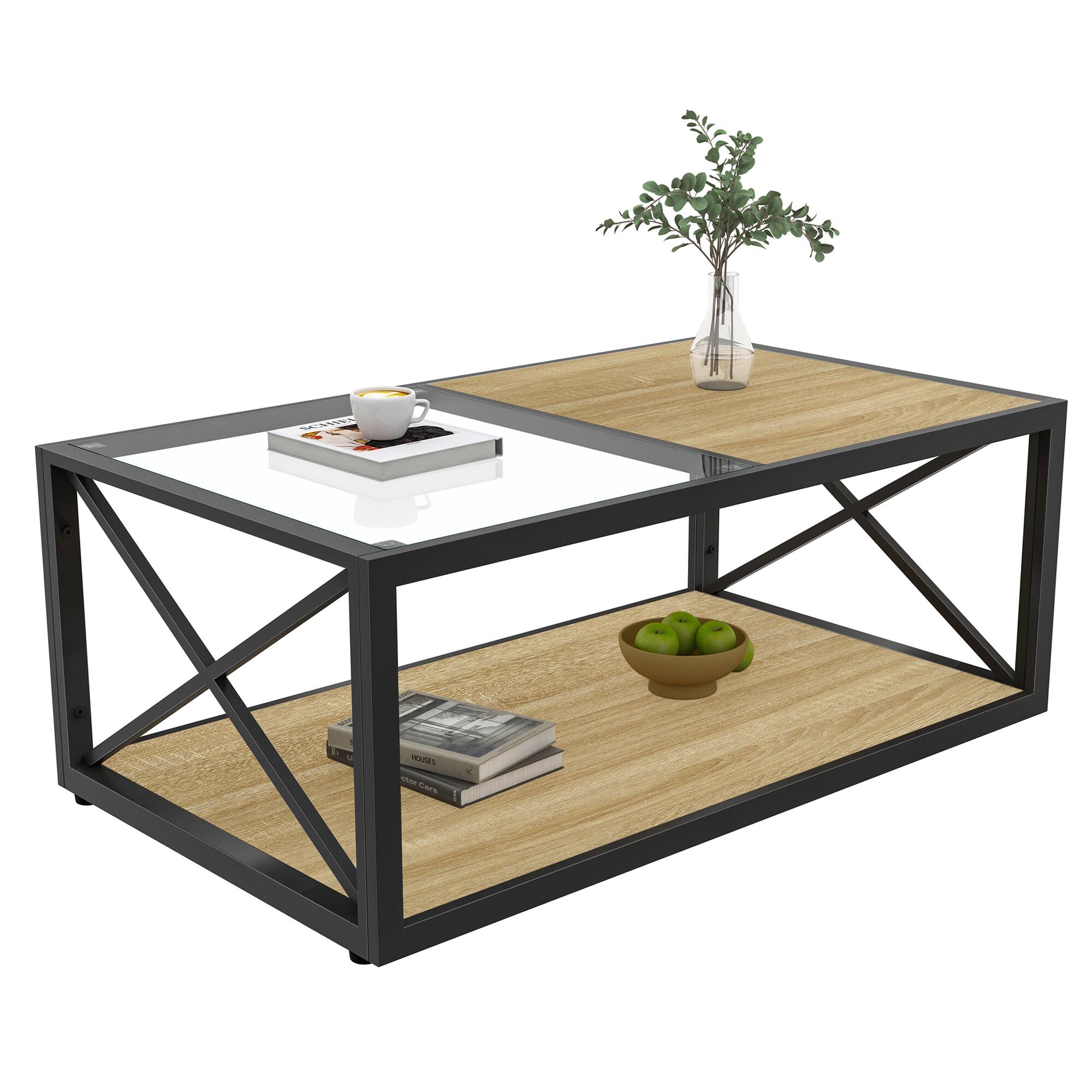 Front. Ecooso - Modern Industrial Coffee Table with Tempered Glass Top & Wood Base - Natural Wood.