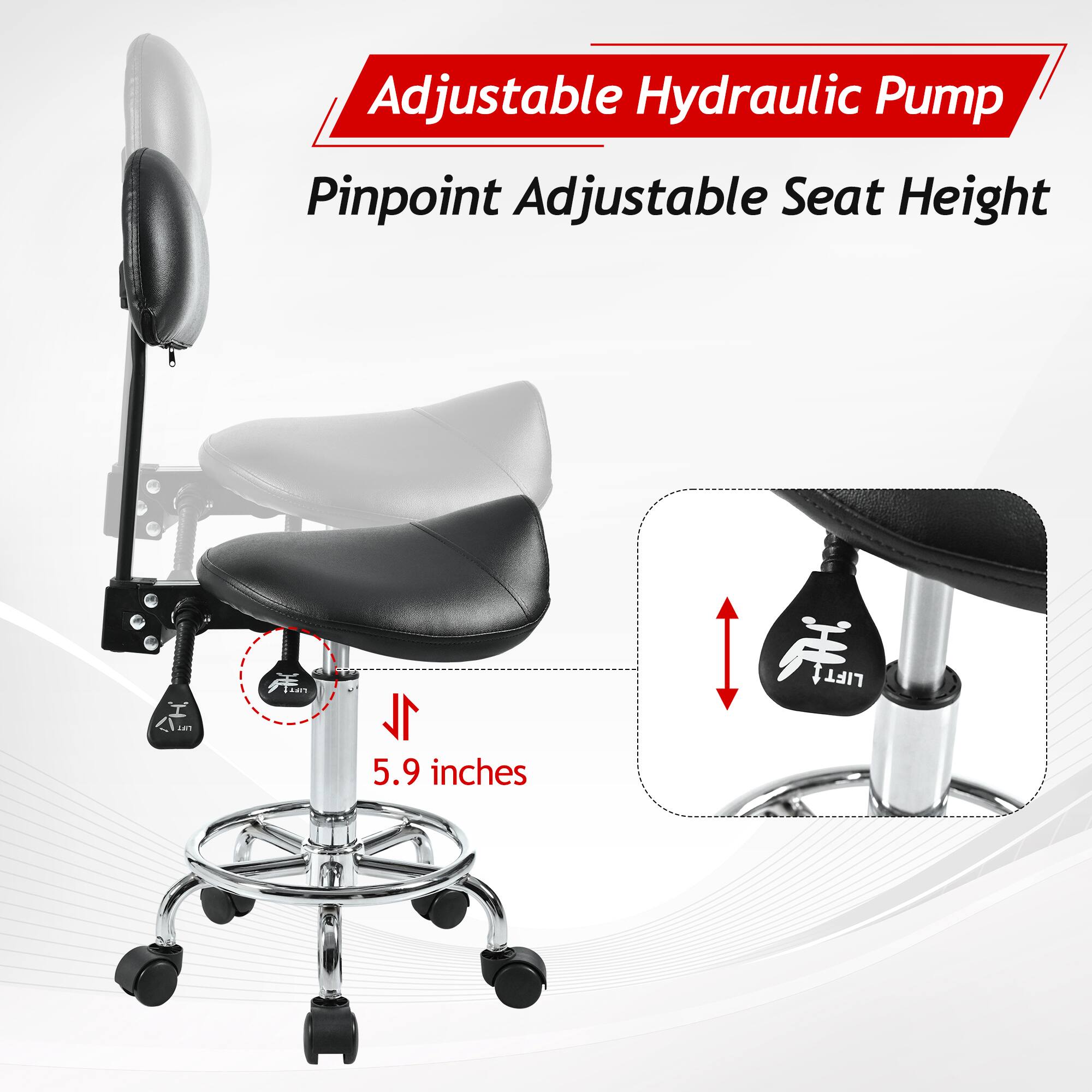 Adjustable Hydraulic Pump  
Pinpoint Adjustable Seat Height  
5.9 inches