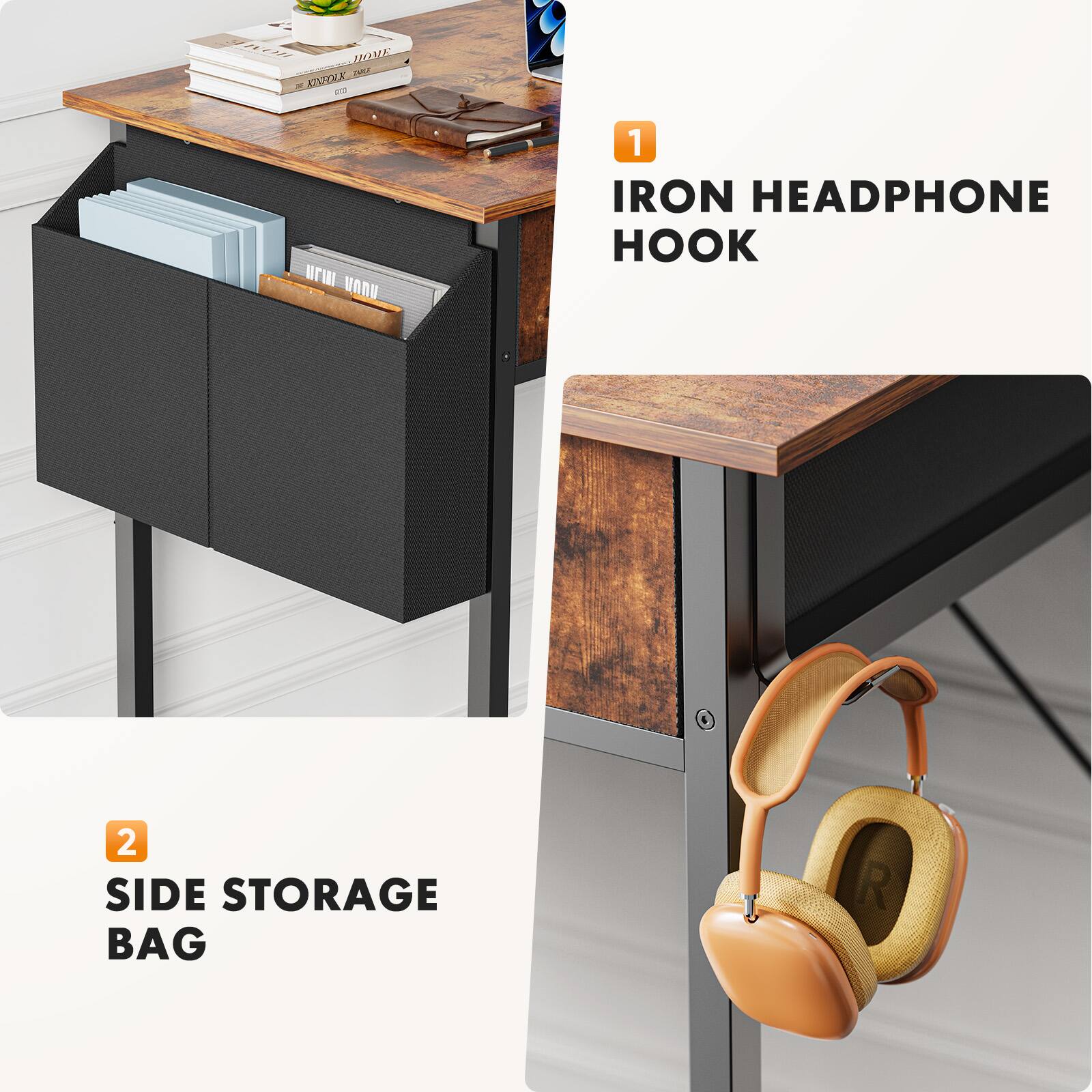 1. Iron Headphone Hook  
2. Side Storage Bag