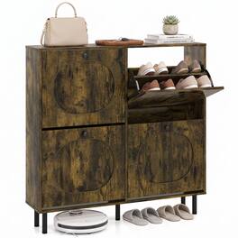 Costway - 9.5" Shoe Storage Cabinet with 4 Flip Drawers, Aluminum Legs for Foyer & Hallway - Rustic Brown