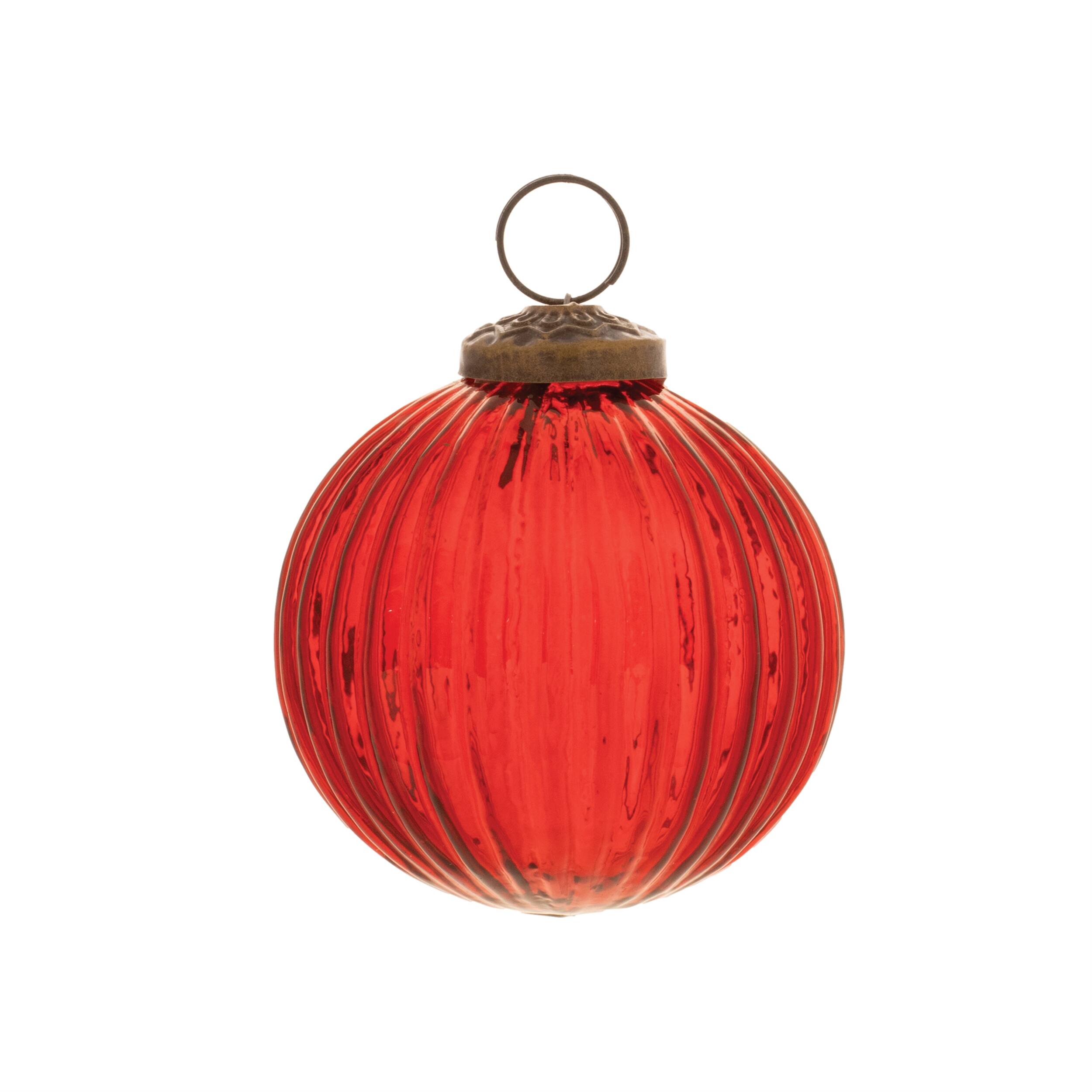 Back. BreeBe - Ribbed Glass Ball Ornament (Set of 12) - Red.