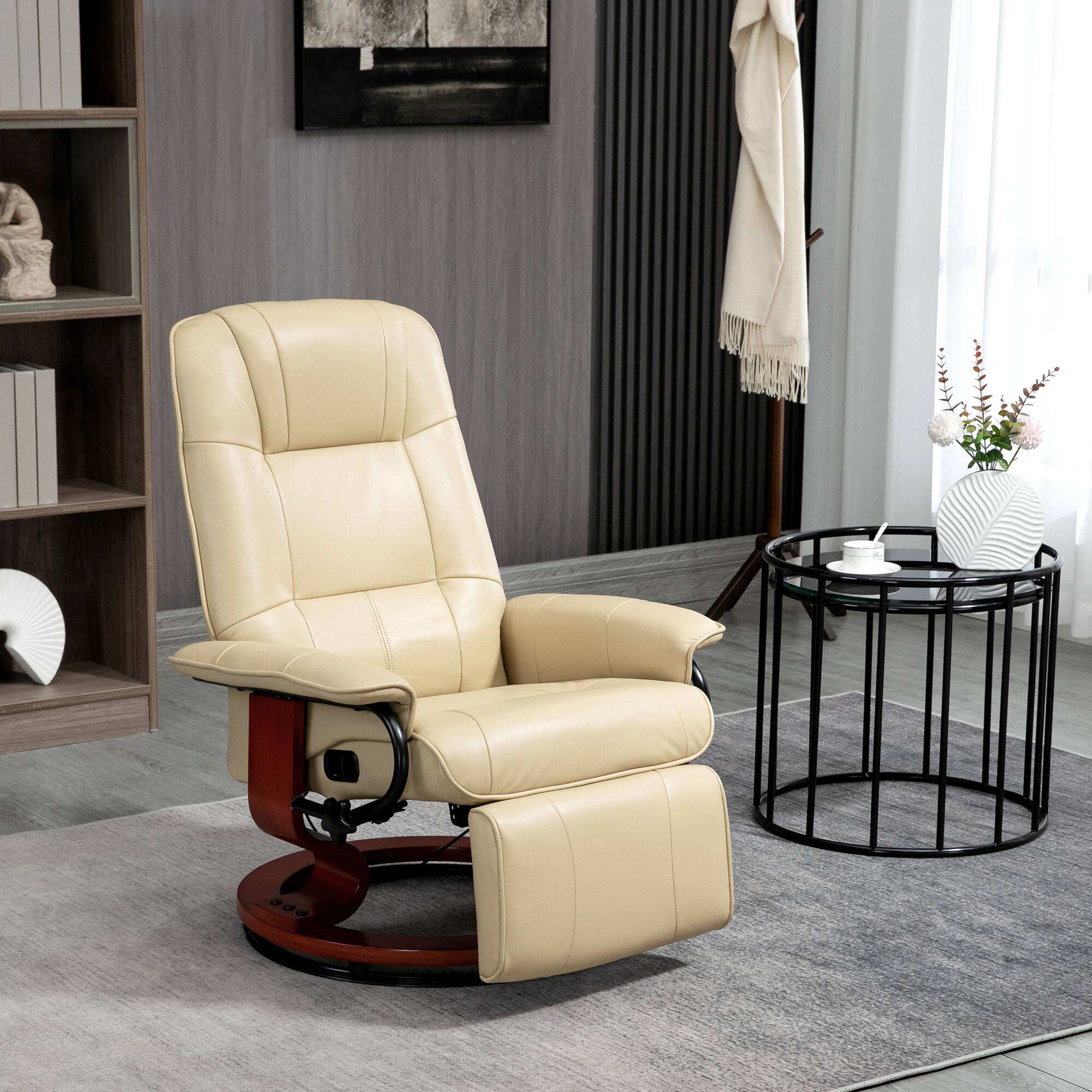 Alt View 1. Homcom - Leather Manual Recliner, Adjustable Swivel Lounge Chair with Footrest, Armrest and Wrapped Wood Base - Cream White.