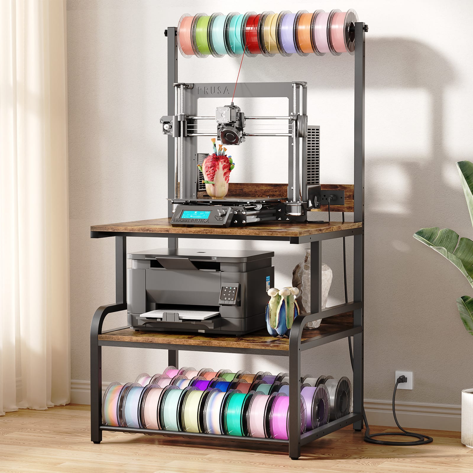 Front. Aheaplus - 3D Printer Stand with Power Outlets, 3-Tier Rolling Printer Stand with Filament Storage - Brown.