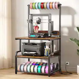 Aheaplus - 3D Printer Stand with Power Outlets, 3-Tier Rolling Printer Stand with Filament Storage - Brown