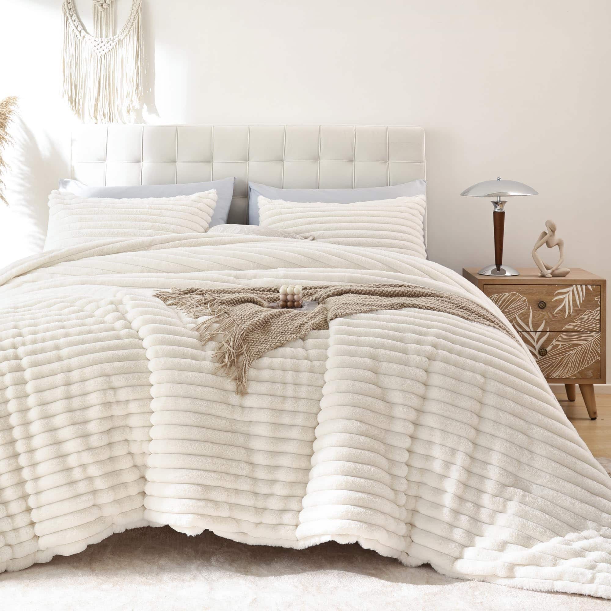 Family - Cream White King Fluffy Faux Fur Comforter Set 3pc 104"x90" - BEIG