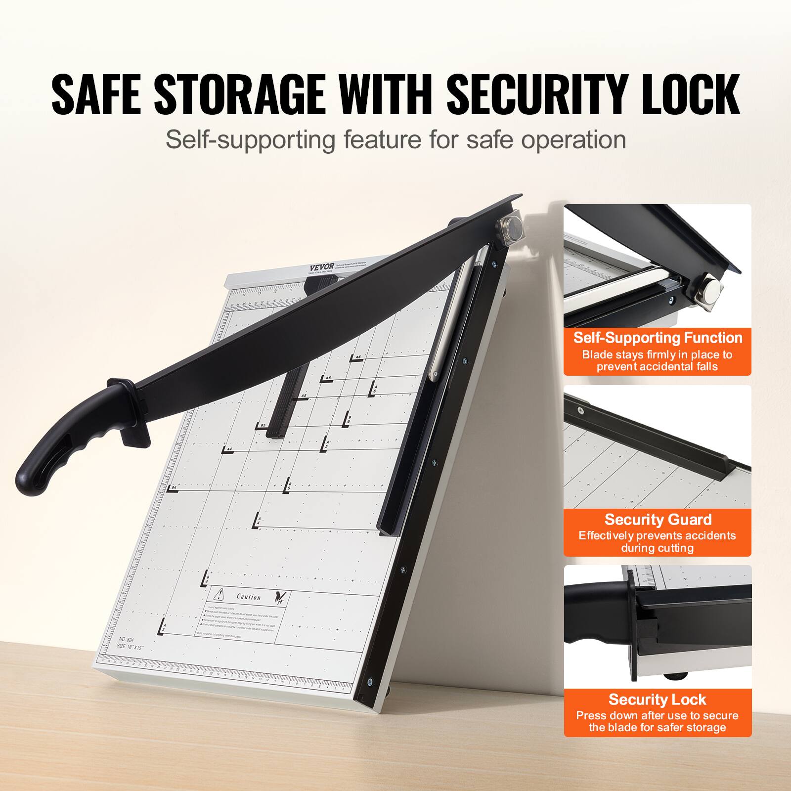 SAFE STORAGE WITH SECURITY LOCK  
Self-supporting feature for safe operation

Self-Supporting Function  
Blade stays firmly in place to prevent accidental falls

Security Guard  
Effectively prevents accidents during cutting

Security Lock  
Press down after use to secure the blade for safer storage