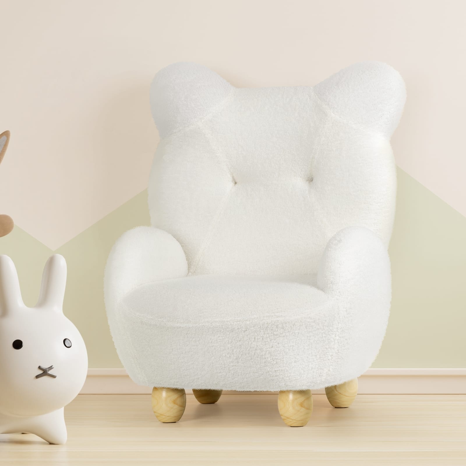 Oumilen - Bear Ear Teddy Fleece Armchair – Soft Fluffy Plush Chair with 4 Wood Legs, Small Reading Sofa for Nursery Playroom - White