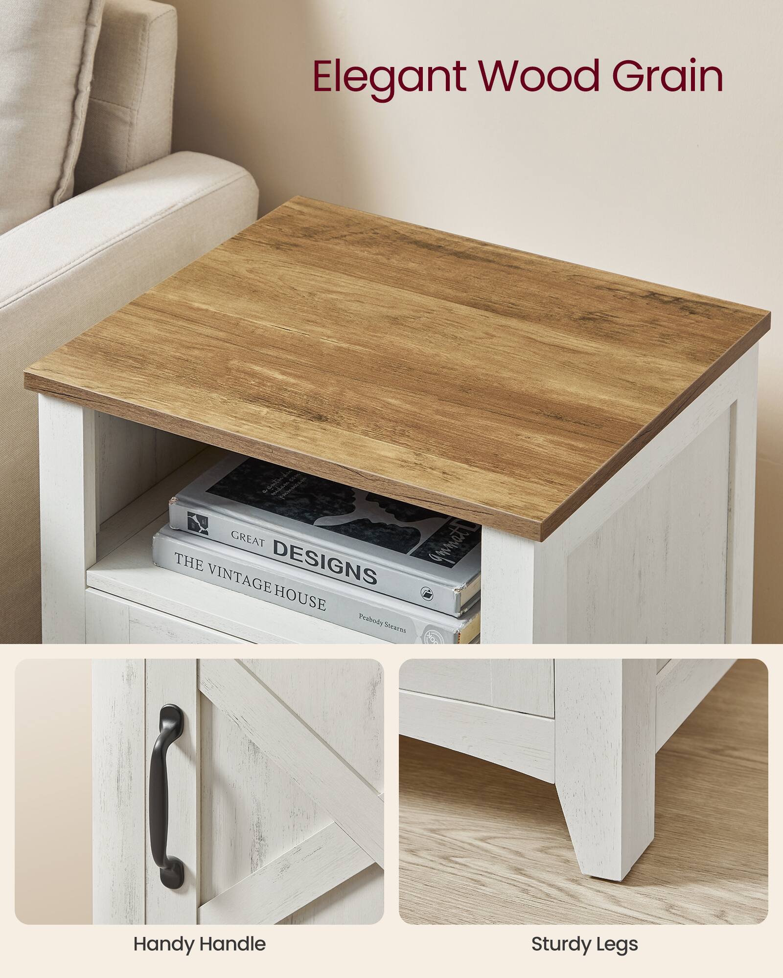 Elegant Wood Grain

Great Designs
The Vintage House

Handy Handle

Sturdy Legs