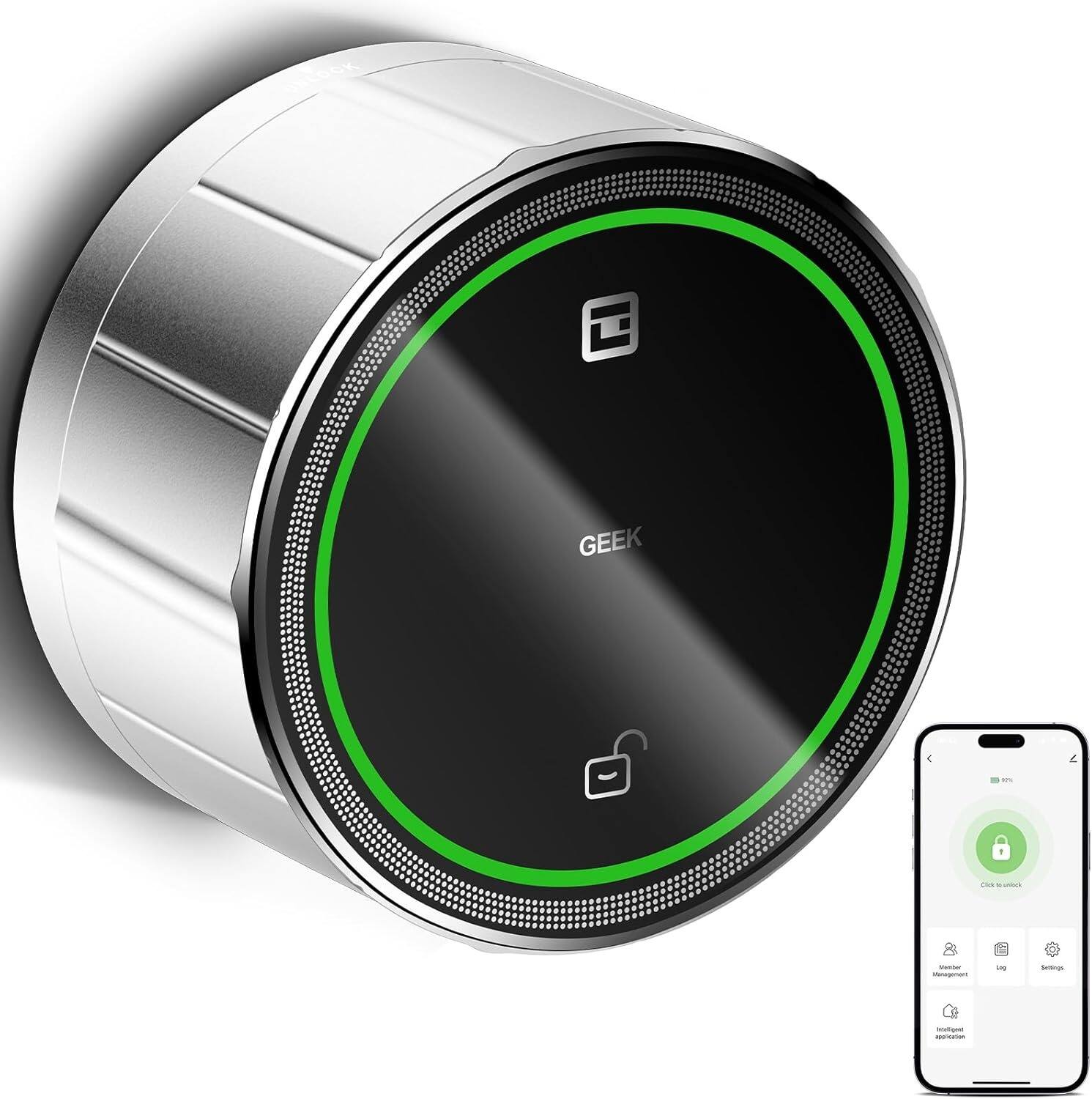 Wrightmaster - 2-in-1 Aluminum Smart Deadbolt with Auto-Lock & App Control, GeekTale Approach Unlock - Silver