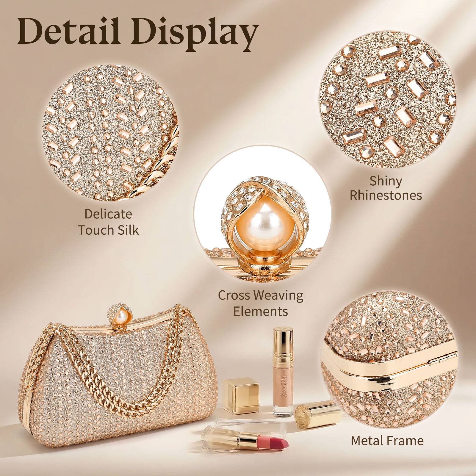 Detail Display

- Delicate Touch Silk
- Shiny Rhinestones
- Cross Weaving Elements
- Metal Frame