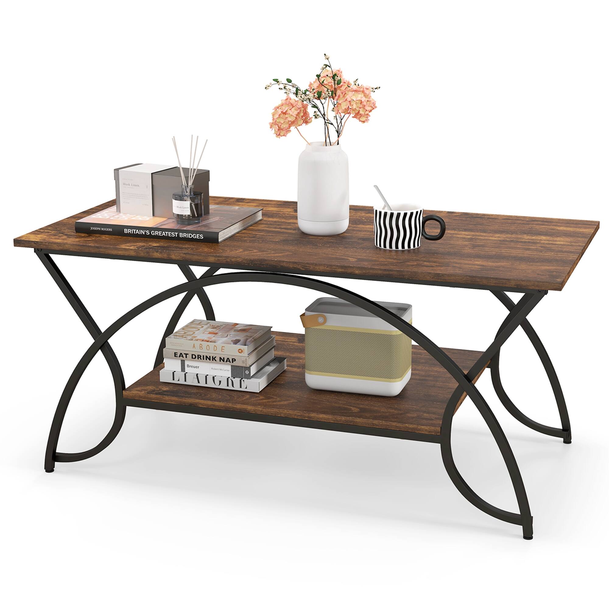 Costway - 2-Tier Industrial Coffee Table Rectangular Cocktail Table with Storage Shelf - Rustic Brown