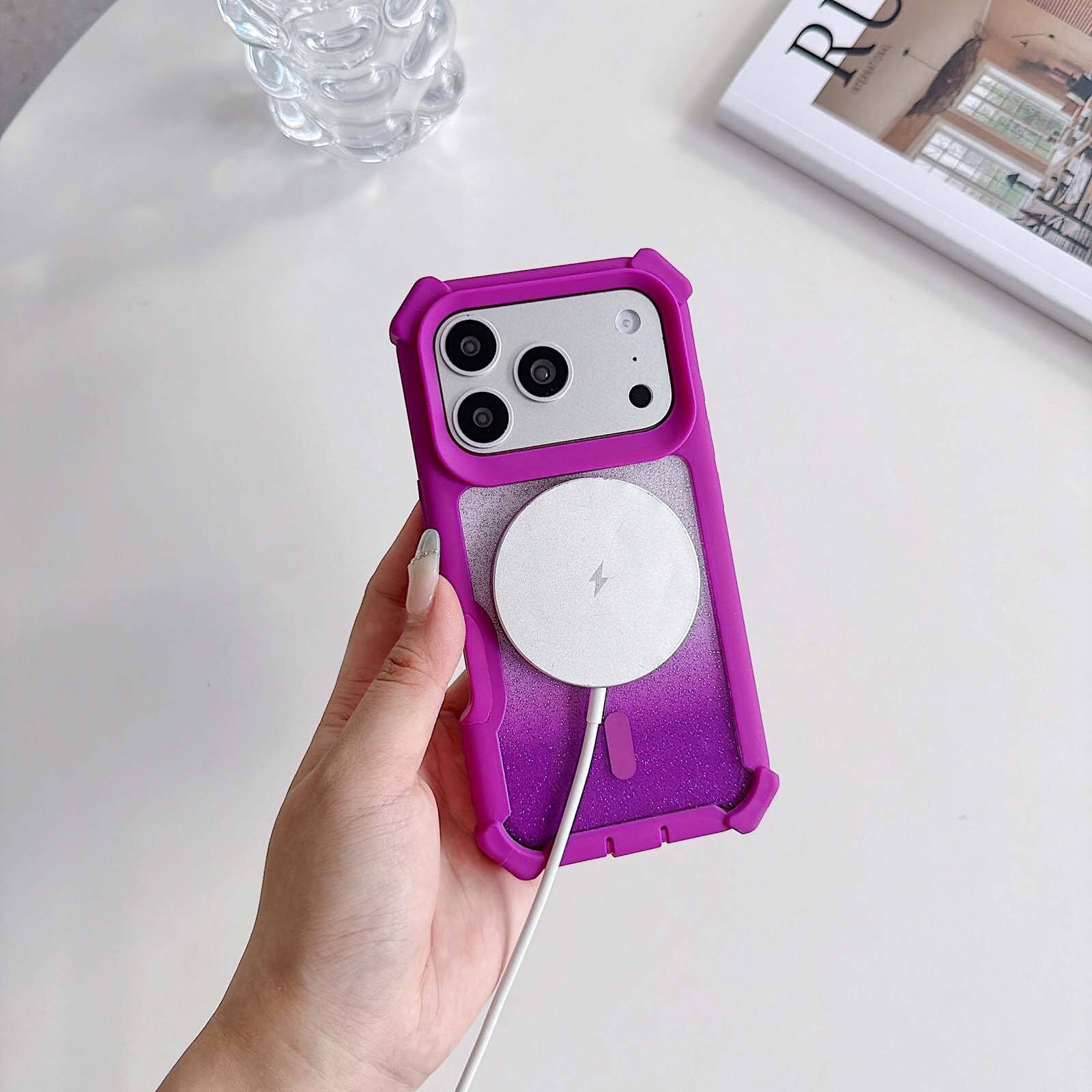Angle. Dteck - Magnetic Case for iPhone 17 Pro Max, Compatible with MagSafe, Shockproof Rugged Bumper Glitter Phone Cover - Glitter Purple.