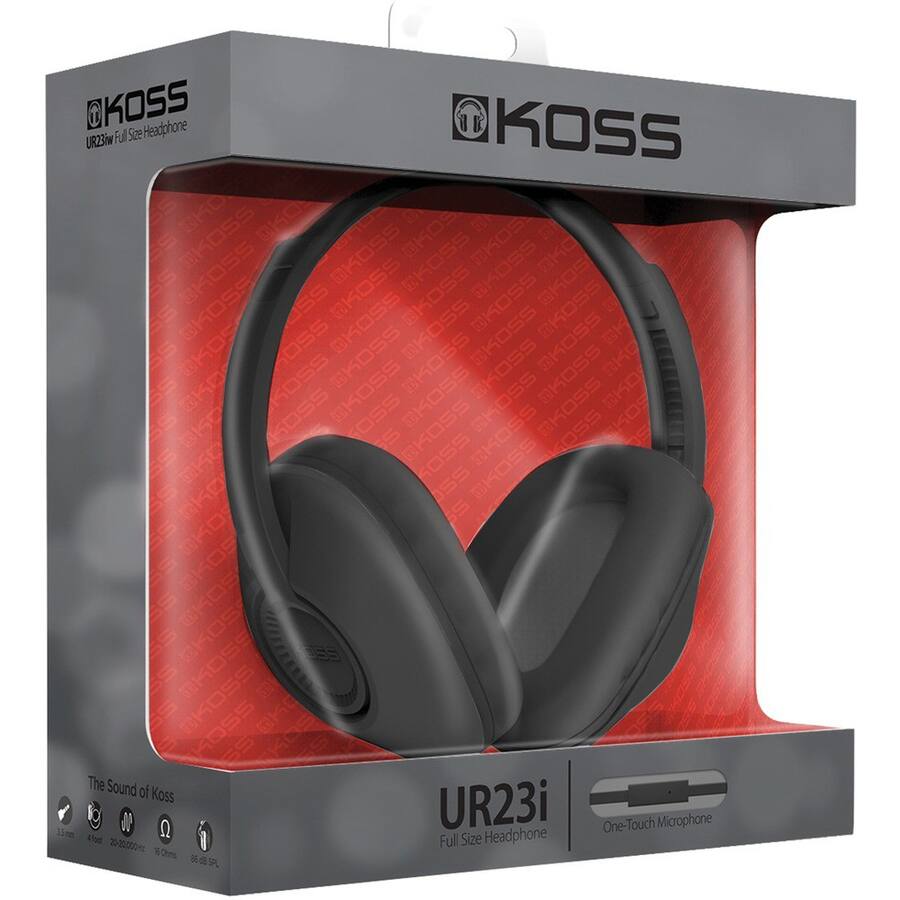 KOSS  
UR23i Full Size Headphone  

The Sound of Koss  

UR23i  
Full Size Headphone  
One-Touch Microphone  

35mm Headphone  
20-20000 Hz  
Full Size  
Ohms  
IPL  

1.5m  
40Ω  
30Ω  
88dB SPL