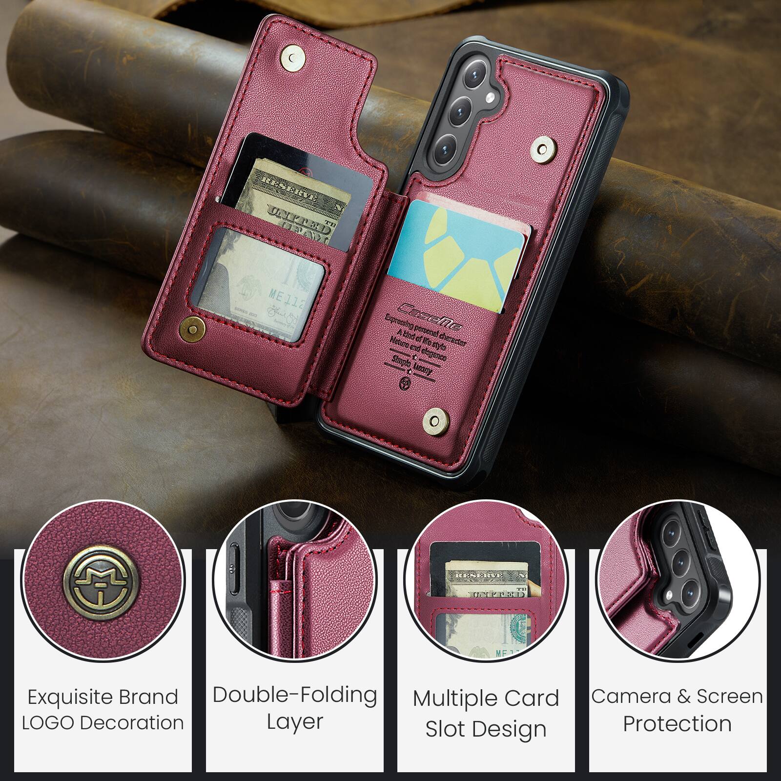 RESERVE N UNITED PART IIT  
ME 112  
Expressing A Case Me Und personal mbsmb Natura und chytz Stmple ologenco Lassery  
O  
RESERVE %  
TE UNFRED  
Exquisite Brand Double-Folding Multiple Card Camera & Screen LOGO Decoration Layer Slot Protection Design