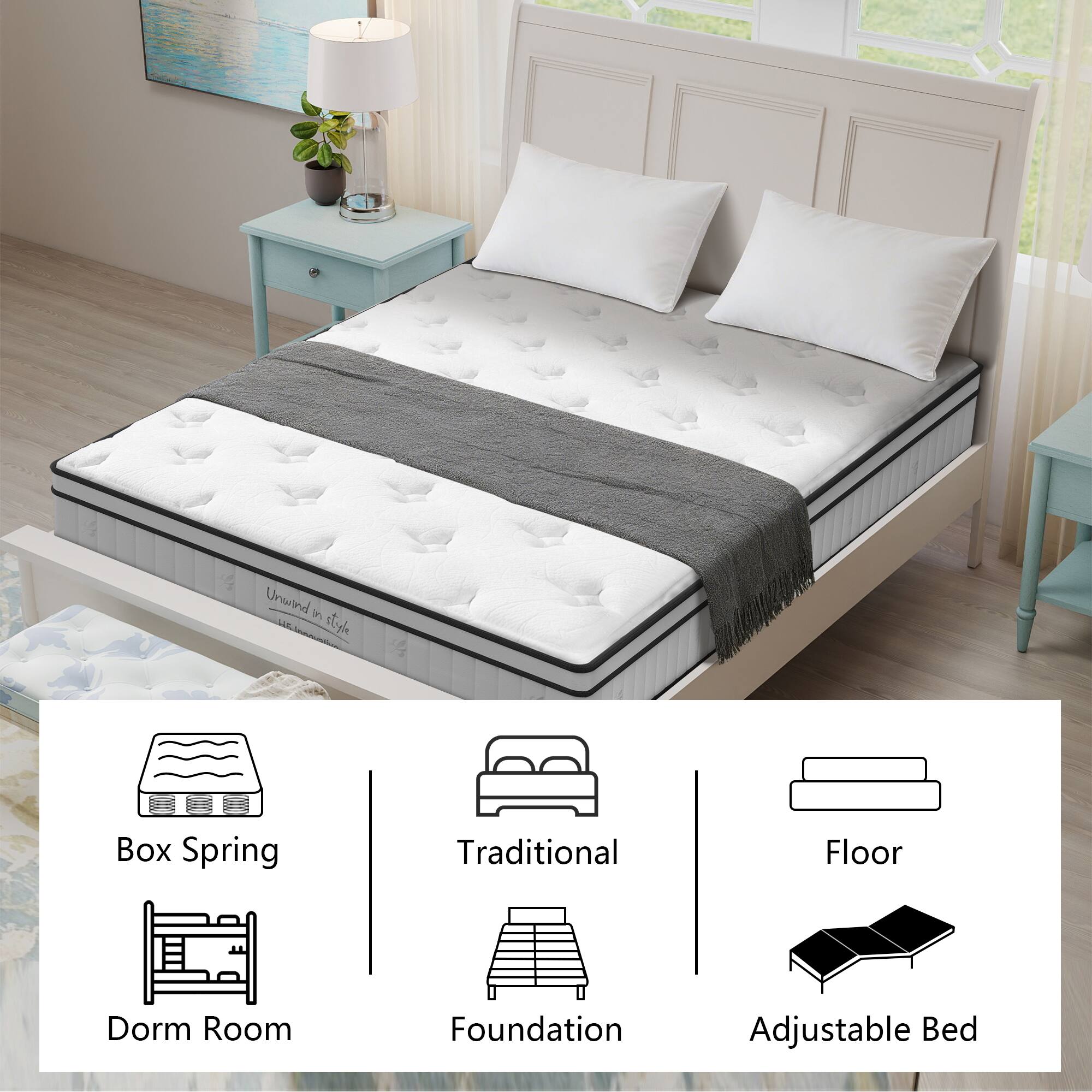 Unwind in Style Box Spring Traditional Floor Dorm Room Foundation Adjustable Bed