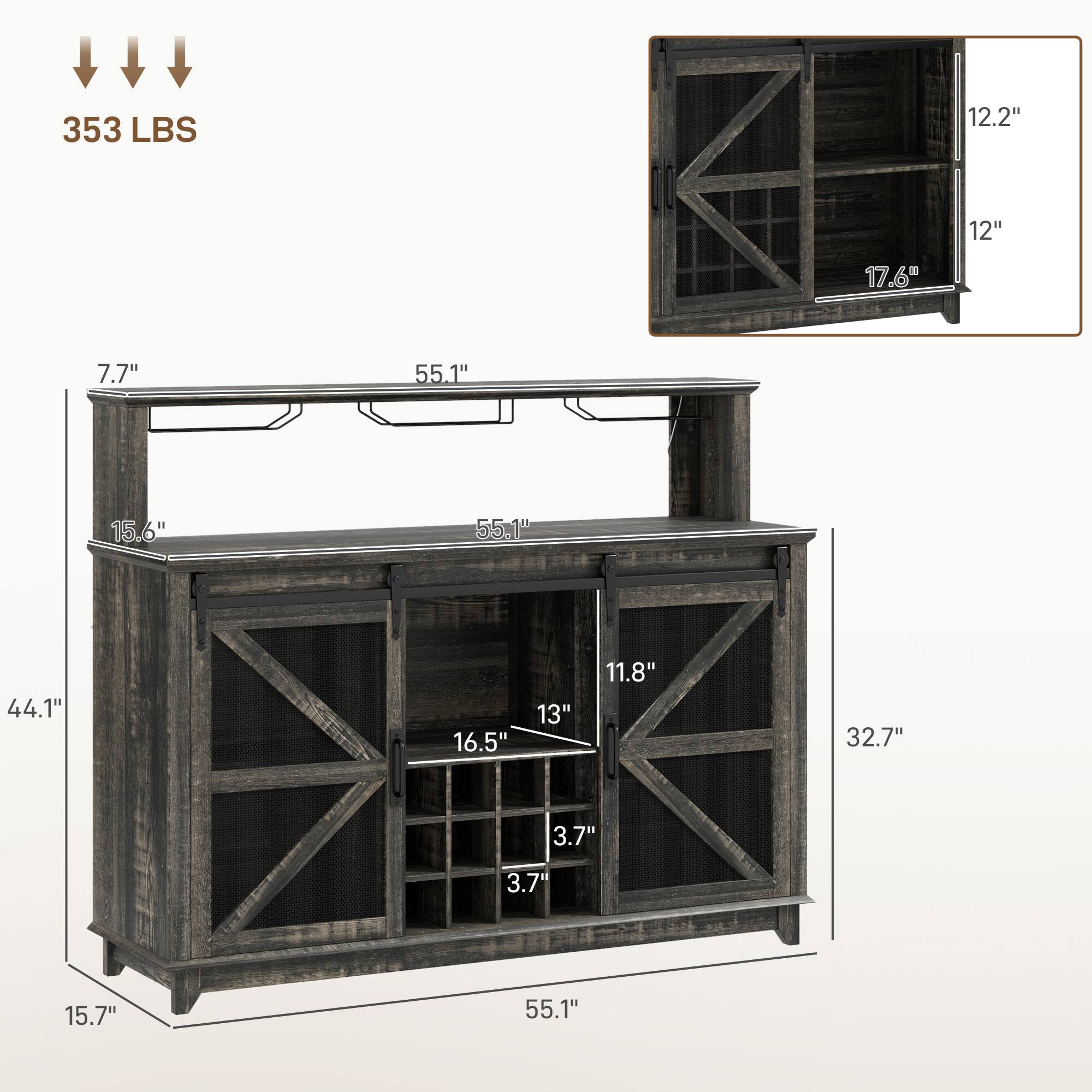 353 LBS
12.2"
12"
17.6"
7.7"
55.1"
15.6"
55.1"
44.1"
16.5"
13"
11.8"
32.7"
3.7"
3.7"
15.7"